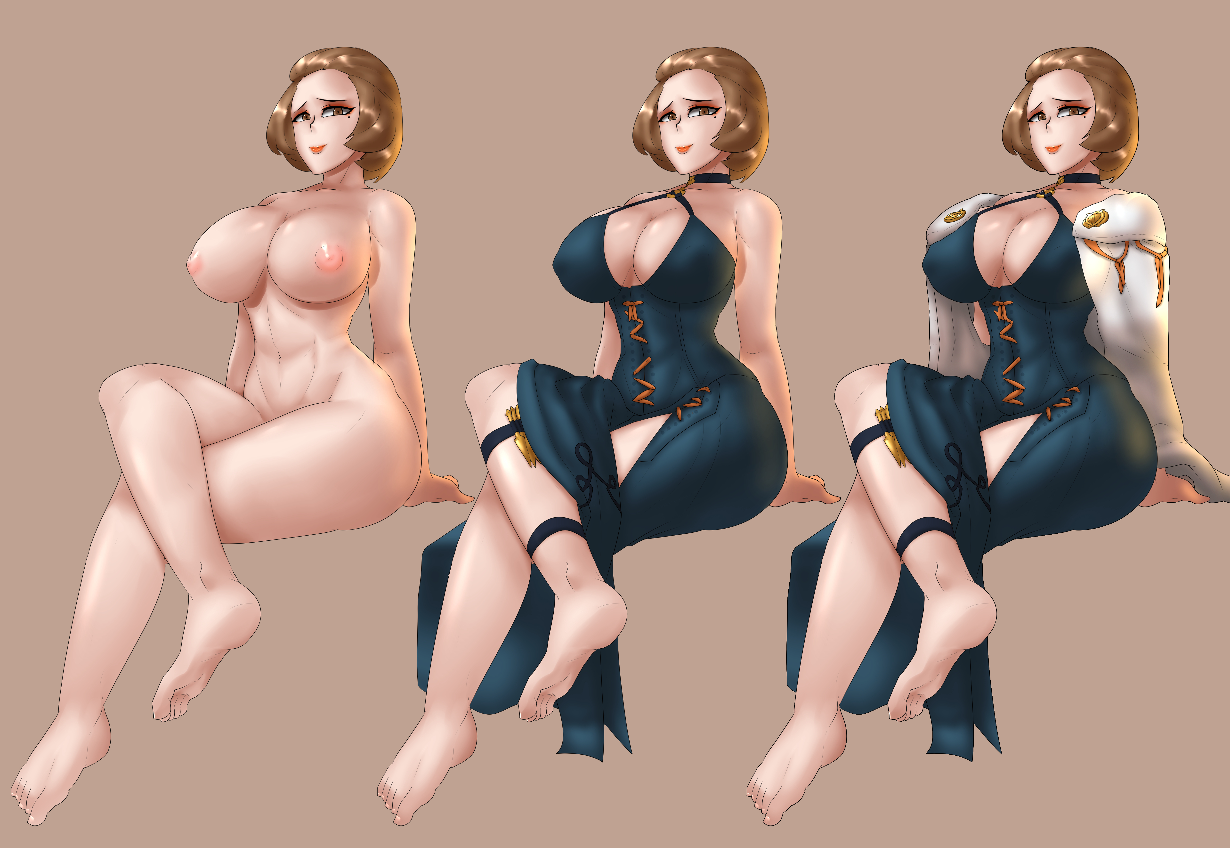 1girls, breasts, brown eyes, brown hair, female, female only, fire emblem, fire emblem: three houses, large breasts, manuela casagranda, mature female, mole under eye, nintendo, nipples, short hair, solo, solo focus