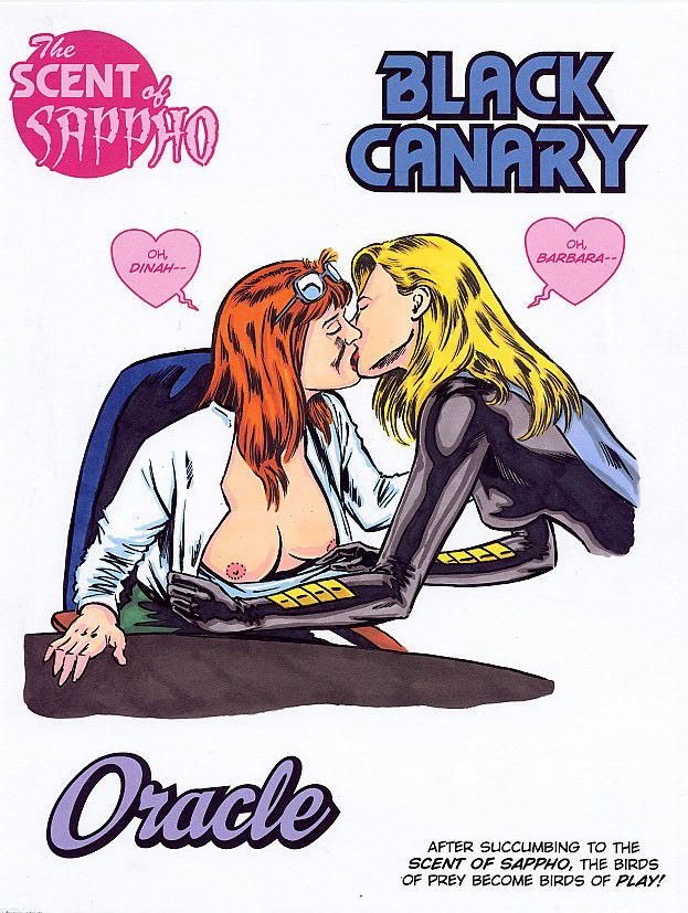 2girls adam_walters barbara_gordon batman_(series) birds_of_prey black_canary blonde_hair breasts breasts_out closed_eyes dc_comics dinah_lance female female_only green_arrow_(series) kissing light-skinned_female light_skin long_hair multiple_girls nipples oracle red_hair speech_bubble tebra yuri