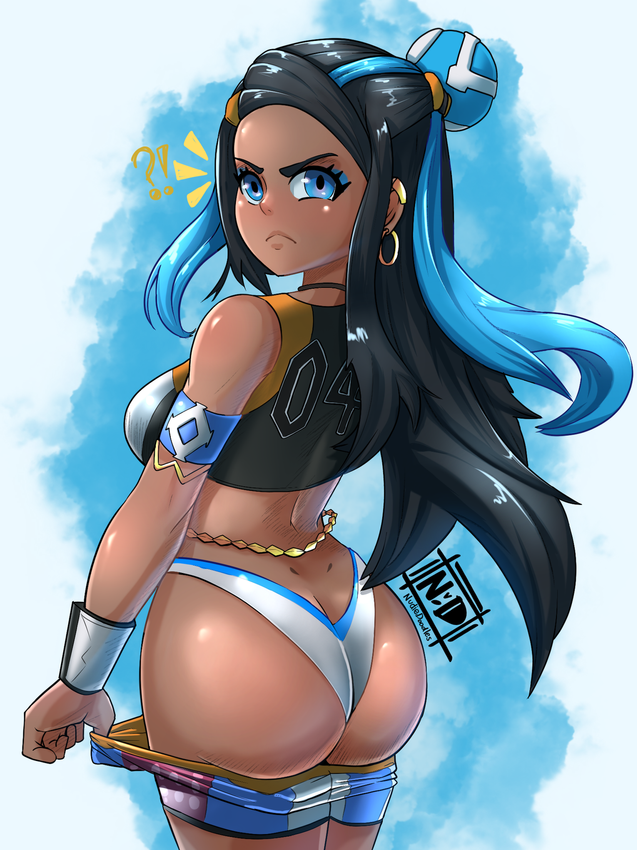 1girls, alternate breast size, ass, ass crack, athletic, back, big ass, blue background, blue eyes, blue hair, bracelet, breasts, bubble ass, bubble butt, butt crack, clothed, dark skin, dark-skinned female, deviantart, earrings, eye contact, eyelashes, eyeshadow, female, female only, half-closed eyes, hoop earrings, hourglass figure, large ass, long hair, looking at viewer, looking back, makeup, medium breasts, nessa (pokemon), nintendo, nudiedoodles, pinup, pokemon, pokemon ss, pose, posing, shorts, shorts down, solo, sportswear, standing, text, thick thighs, undressing, watermark, wide hips
