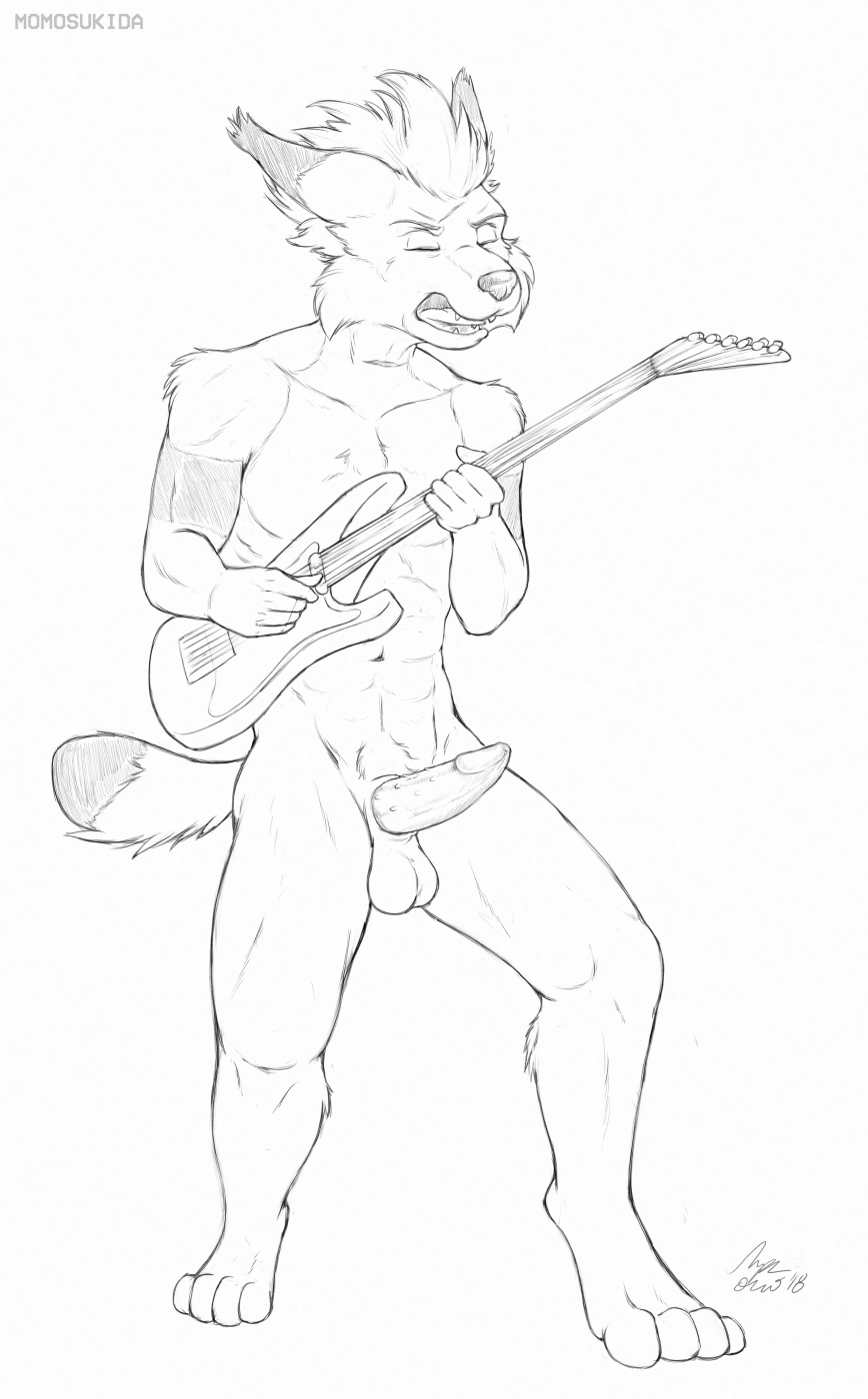 1boy 2018 animal_genitalia animal_penis anthro balls black_nose closed_eyes erection feline fur guitar hair hi_res inner_ear_fluff lynx male male_only mammal markings momosukida musical_instrument nude open_mouth patt_(waver-ring) penis playing_guitar playing_music simple_background singing solo standing toes tongue