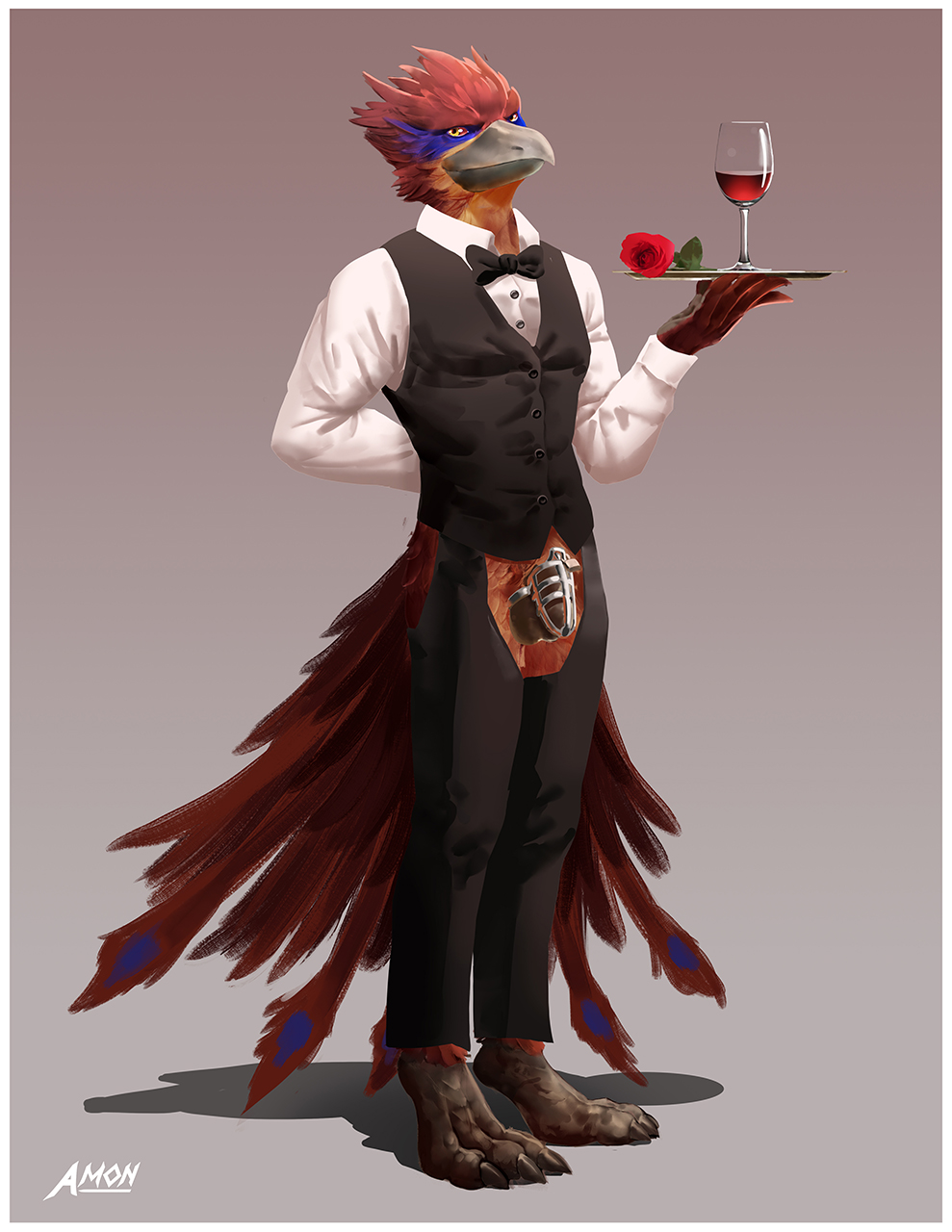 2018 alcohol amon-sydonai anthro avian balls beverage bird bow_tie butler chastity chastity_belt claws clothed clothing cup flower furry looking_at_viewer male male_only open_pants penis plant plate solo topless wine