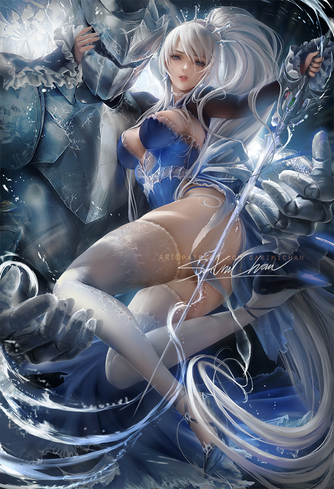 1girls, breasts, cleavage, female, looking at viewer, rwby, sakimichan, solo focus, thighhighs, weiss schnee