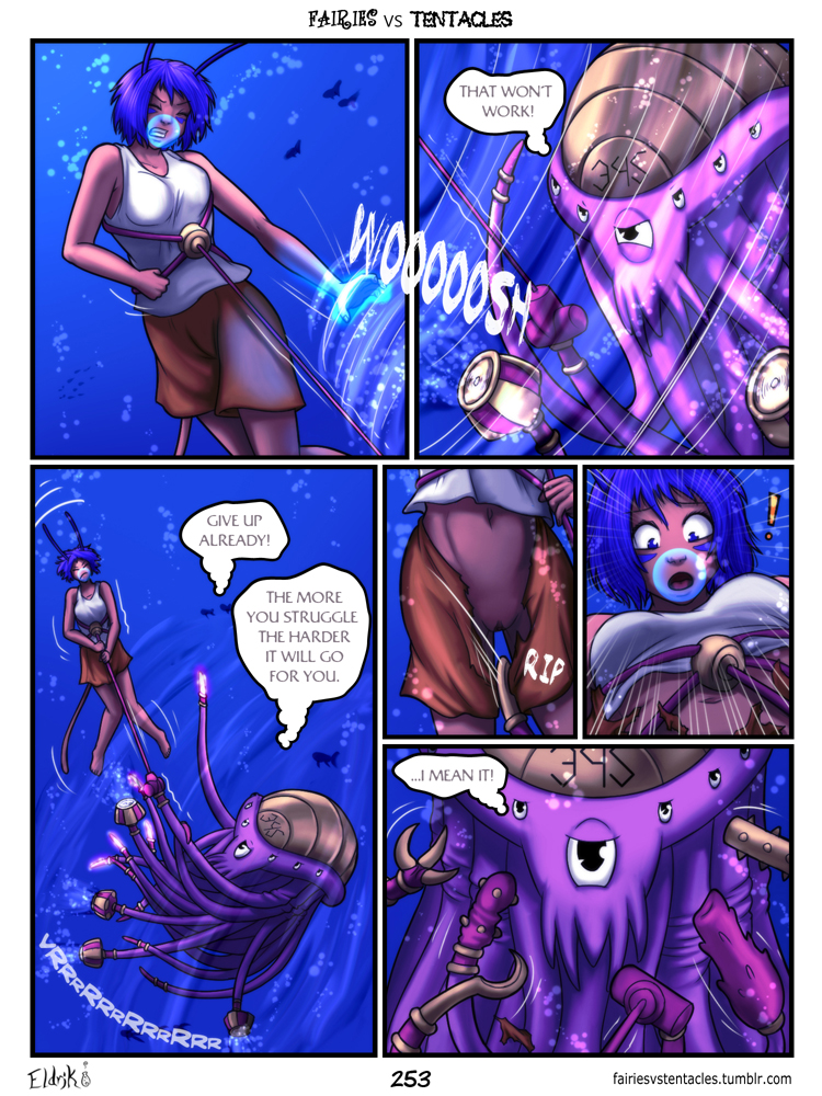 ! antennae bobbydando breasts clothed clothing comic dialogue english_text facial_markings fairies_vs_tentacles fairy female humanoid markings monster mylia_(tvf) navel nihallaks_(species) page_253 pussy tentacle text torn_clothing tumblr_username undressing