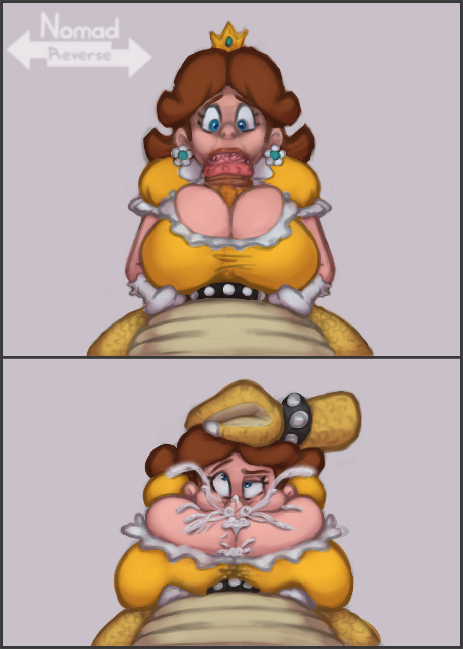 1boy, 1girls, 2koma, ahe gao, big breasts, big penis, bimbo, blowjob, boob window, bowser, breast focus, breasts, brown hair, cleavage, cleavage cutout, clothing, cock ring, comic, crown, cum, cum bubble, cum in mouth, cum inside, cum on breasts, cum on clothes, cum out nose, deepthroat, dress, fellatio, female, forced, gigantic breasts, gloves, grey background, hand on head, huge breasts, huge cock, huge penis, human, interspecies, irrumatio, male, male pov, mario (series), nintendo, no bra, nomad reverse, oral, oral sex, outercourse, paizuri, paizuri under clothes, penis, pov, princess daisy, rape, rolling eyes, saliva, scalie, sex, simple background, size difference, straight, text, unseen male face, watermark