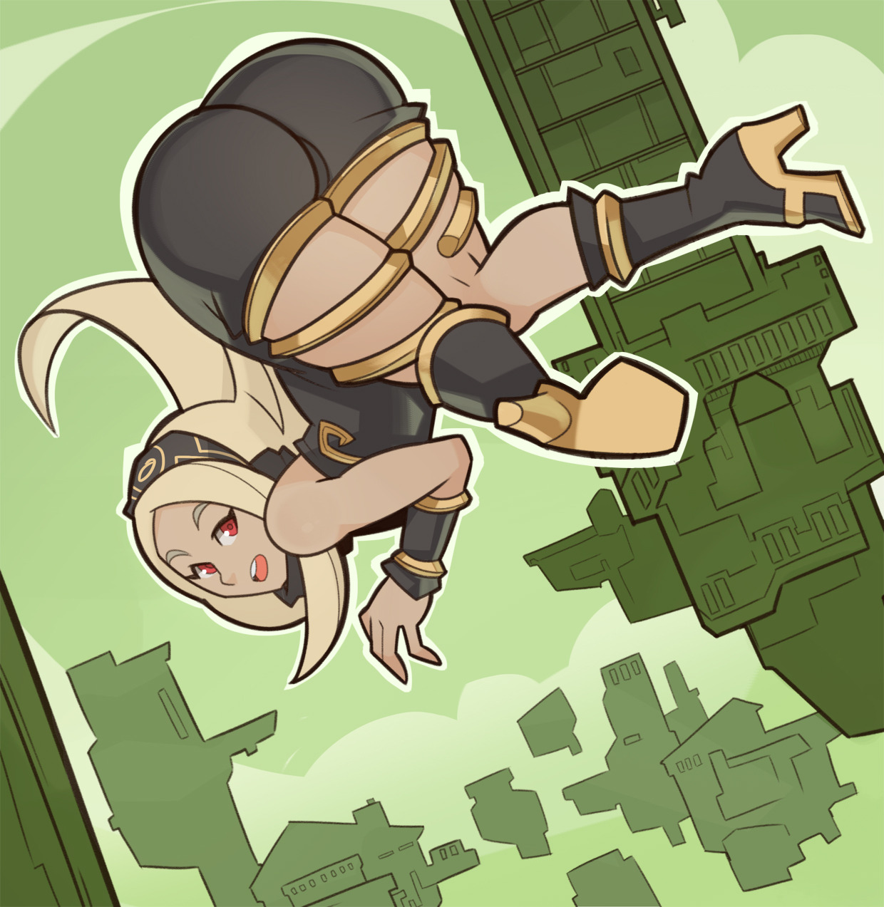 ass, bandana, big ass, blonde, blonde hair, boots, bracers, cameltoe, clothed, clothes, clothing, dark skin, dark-skinned female, female, flying, gravity rush, high heels, human, kat (gravity rush), looking at viewer, looking back, off shoulder, pussy, red eyes, solo, splashbrush