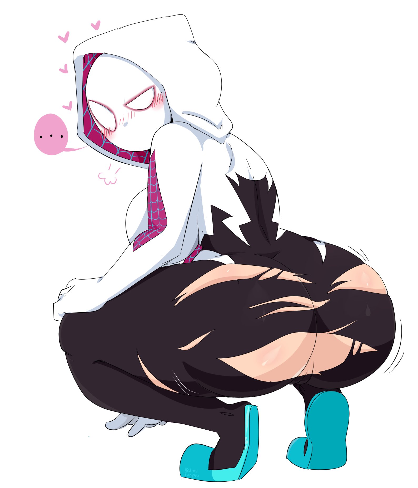 1girls, ass, big breasts, blush, breasts, cleavage, female, female only, gwen stacy, gwen stacy (spider-verse), jinu, large breasts, looking at viewer, looking back, marvel, marvel comics, mask, masked, masked female, pussy, solo, spider-gwen, spider-man (series), spider-man: into the spider-verse, squatting, superhero, superhero costume, superheroine, torn clothes