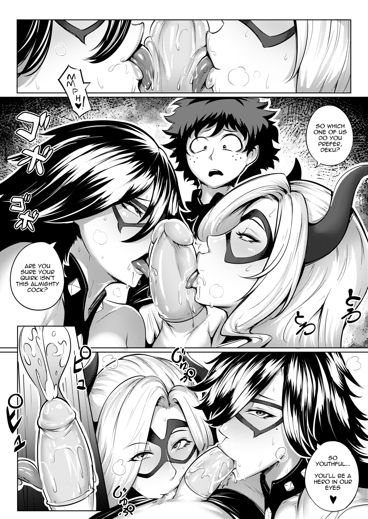 1boy, 2018, 2futas, age difference, blowjob, collaborative fellatio, condom, condom on penis, cum, cum in condom, cumshot, dickgirl, double fellatio, erection, fellatio, freckles, futanari, intersex, izuku midoriya, licking, licking penis, male, midnight (my hero academia), monochrome, mount lady, multiple fellatio, my hero academia, nemuri kayama, oral, penis, speech bubble, teamwork, text, waterproof-pigeon, yuu takeyama
