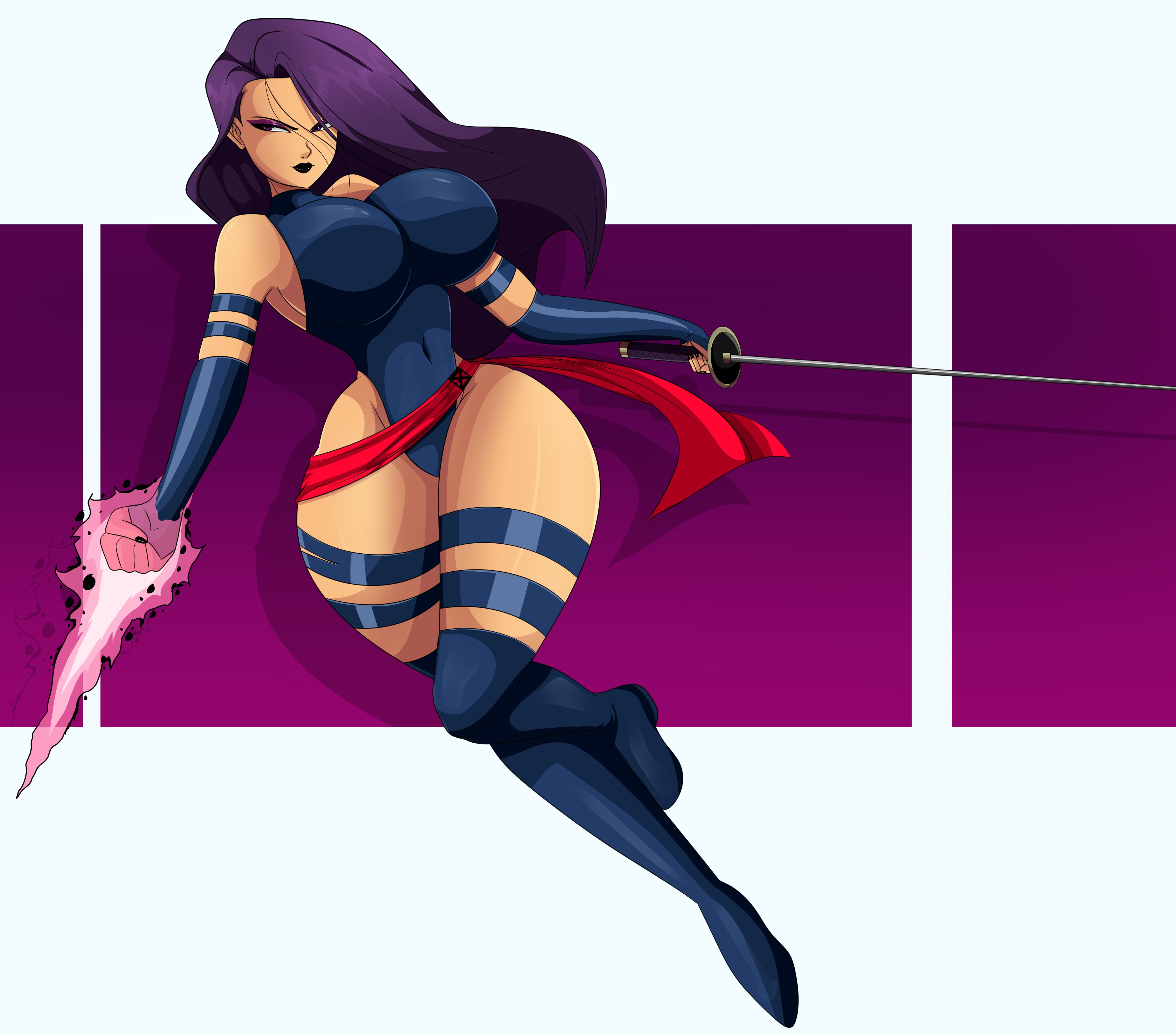1girls, big breasts, breasts, clothed female, female, female focus, female only, long hair, marvel, marvel comics, mutant (marvel), psylocke (kwannon), purple hair, solo, solo female, solo focus, sonson-sensei, x-men