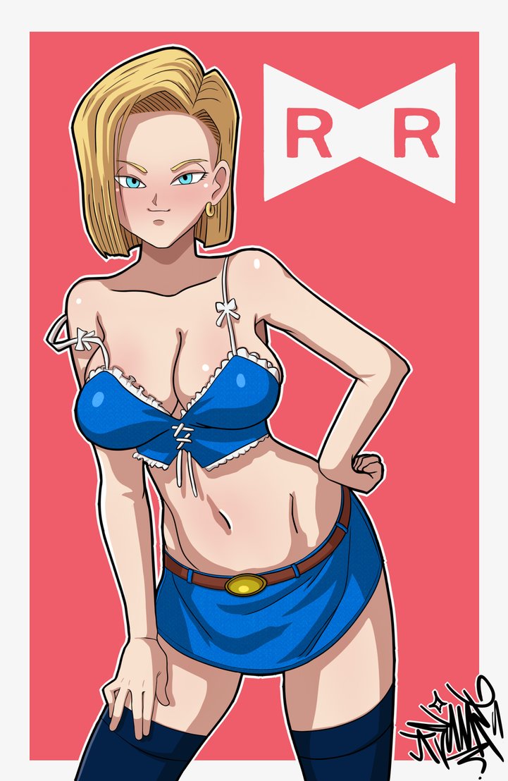 android 18, belly, beltskirt, black legwear, blonde hair, blue bra, blue skirt, breasts, cleavage, collarbone, dragon ball, female, hand on hip, hand on leg, leaning, light blue eyes, looking at viewer, medium breasts, skirt, smile, sumirei