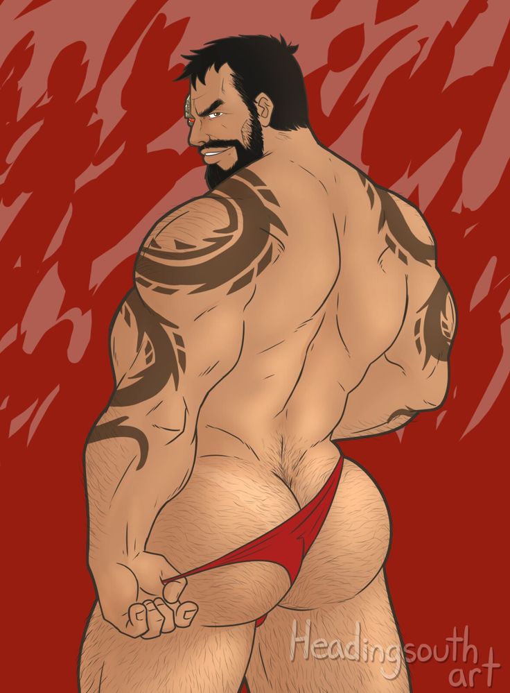 1boy, 2017, arm tattoo, ass, back, back muscles, back view, bara, beard, black hair, body hair, brown eyes, bubble ass, bubble butt, cybernetic eye, cybernetics, facial hair, fighter, hairy, hairy ass, hairy legs, hairy male, headingsouth, human, human only, kano (mortal kombat), looking at viewer, looking back, looking over shoulder, male, male focus, male only, mortal kombat, muscles, muscular, muscular back, muscular male, red background, solo, solo focus, solo male, tanline, tattoo, thong, underwear, underwear only, video games, yaoi