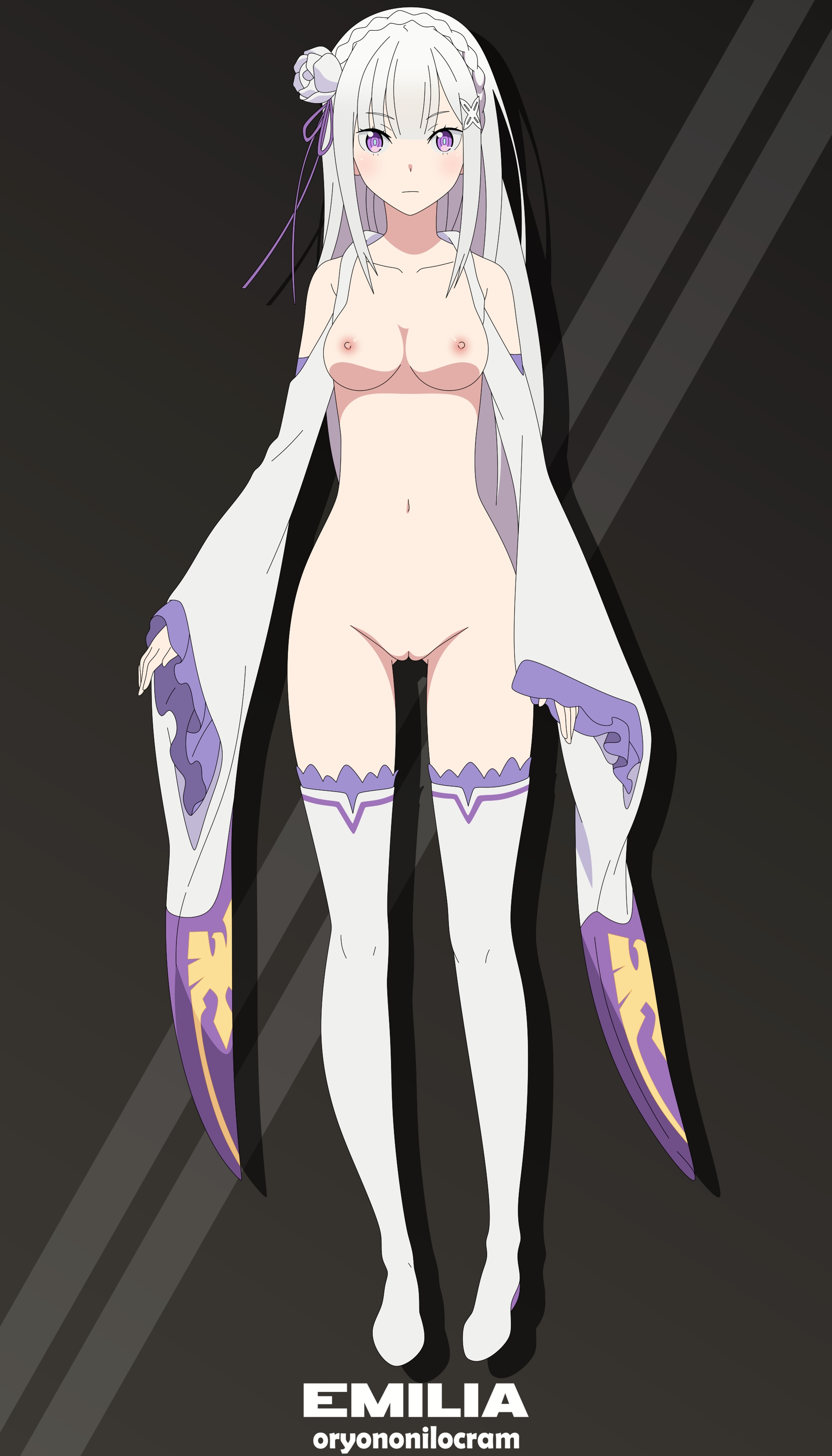 areolae, ass visible through thighs, big breasts, blush, breasts, collarbone, emilia (re:zero), female, functionally nude, hair ornament, handwear, highres, long hair, looking at viewer, naked footwear, navel, nipples, nude, nude filter, oryononilocram, purple eyes, pussy, re:zero kara hajimeru isekai seikatsu, serious, solo female, stockings, white hair, white legwear