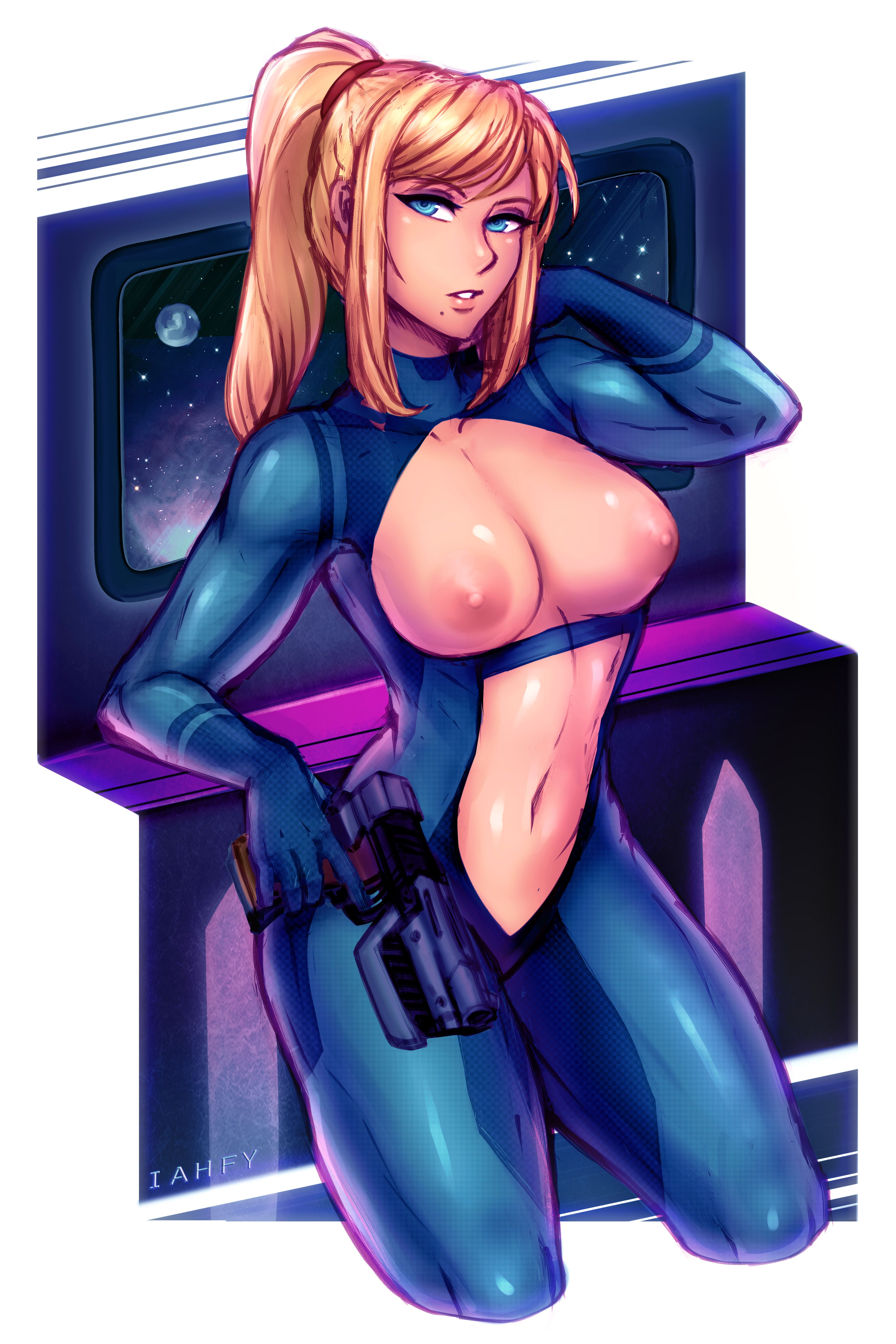 absurdres, adapted costume, areolae, blonde hair, blue eyes, breasts, casual exposure, exposed breasts, female, female only, highres, iahfy, looking at viewer, metroid, mole, nintendo, nipples, samus aran, solo, weapon, zero suit, zero suit samus