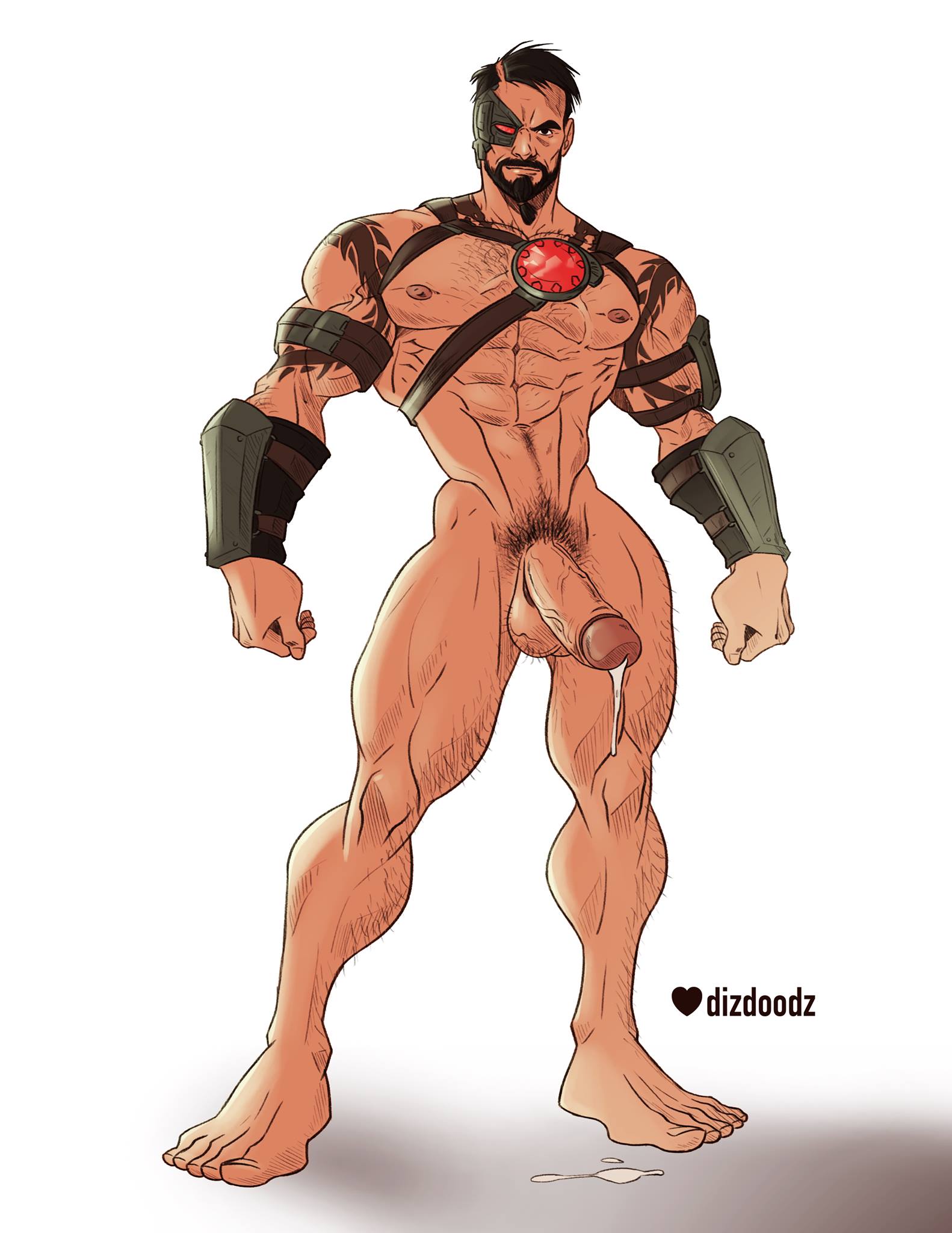 1boy, boner, cum puddle, cybernetic eye, dizdoodz, dripping cum, erection, fighter, harness, kano (mortal kombat), male, male only, mortal kombat, muscles, nude, solo, solo male, standing, wrist cuffs