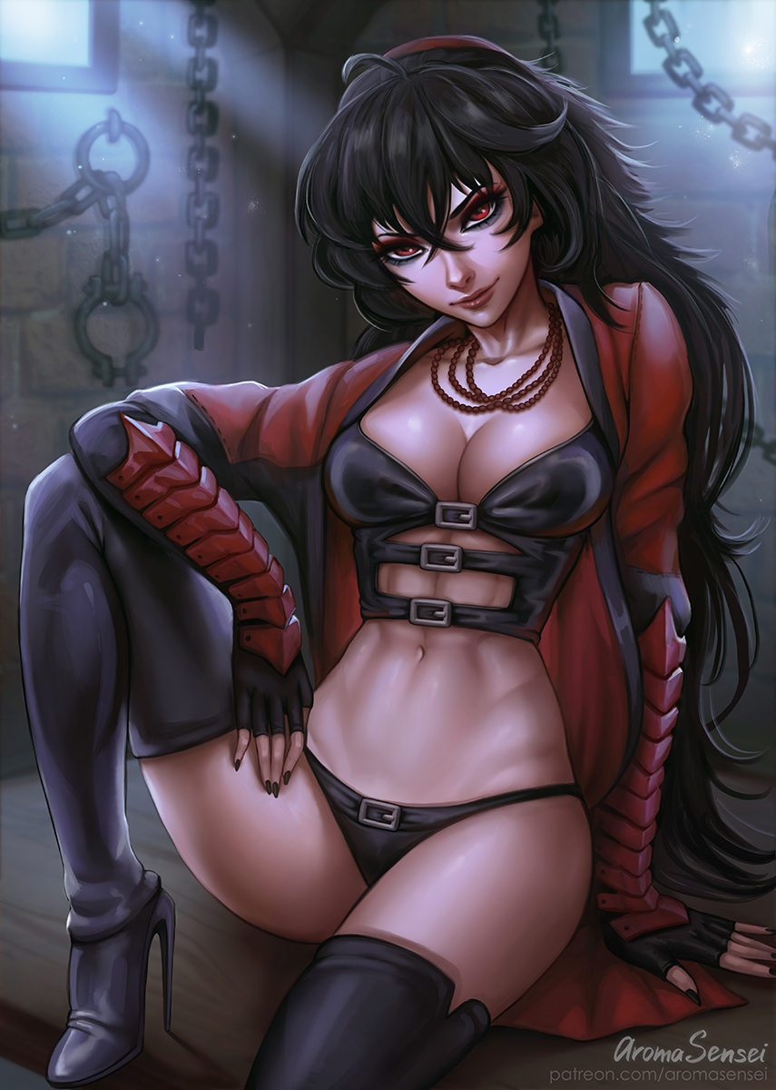 1girls, abs, aroma sensei, black hair, black nails, boots, breasts, chains, cleavage, coat, dungeon, female, female only, high heel boots, high heels, long hair, necklace, on table, panties, raven branwen, red eyes, rwby, shackles, smile, smiling, text, thigh boots, thin waist, underwear, url, watermark