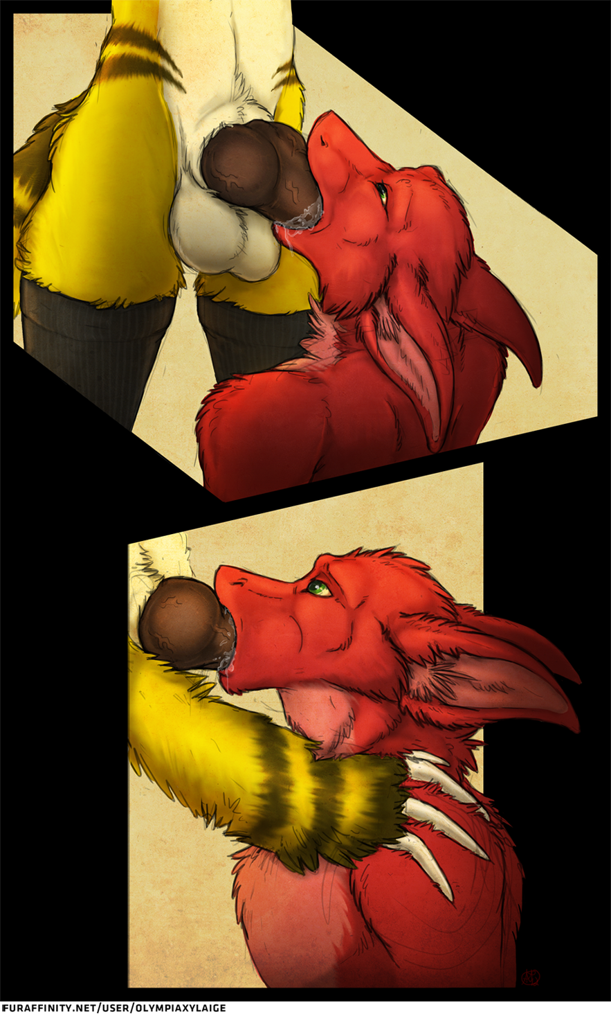 balls claws dragon fellatio fur furred_dragon knot male olympiaxylaige oral palace_(character) penis red_fur saliva sex vein veiny_penis yaoi yellow_fur