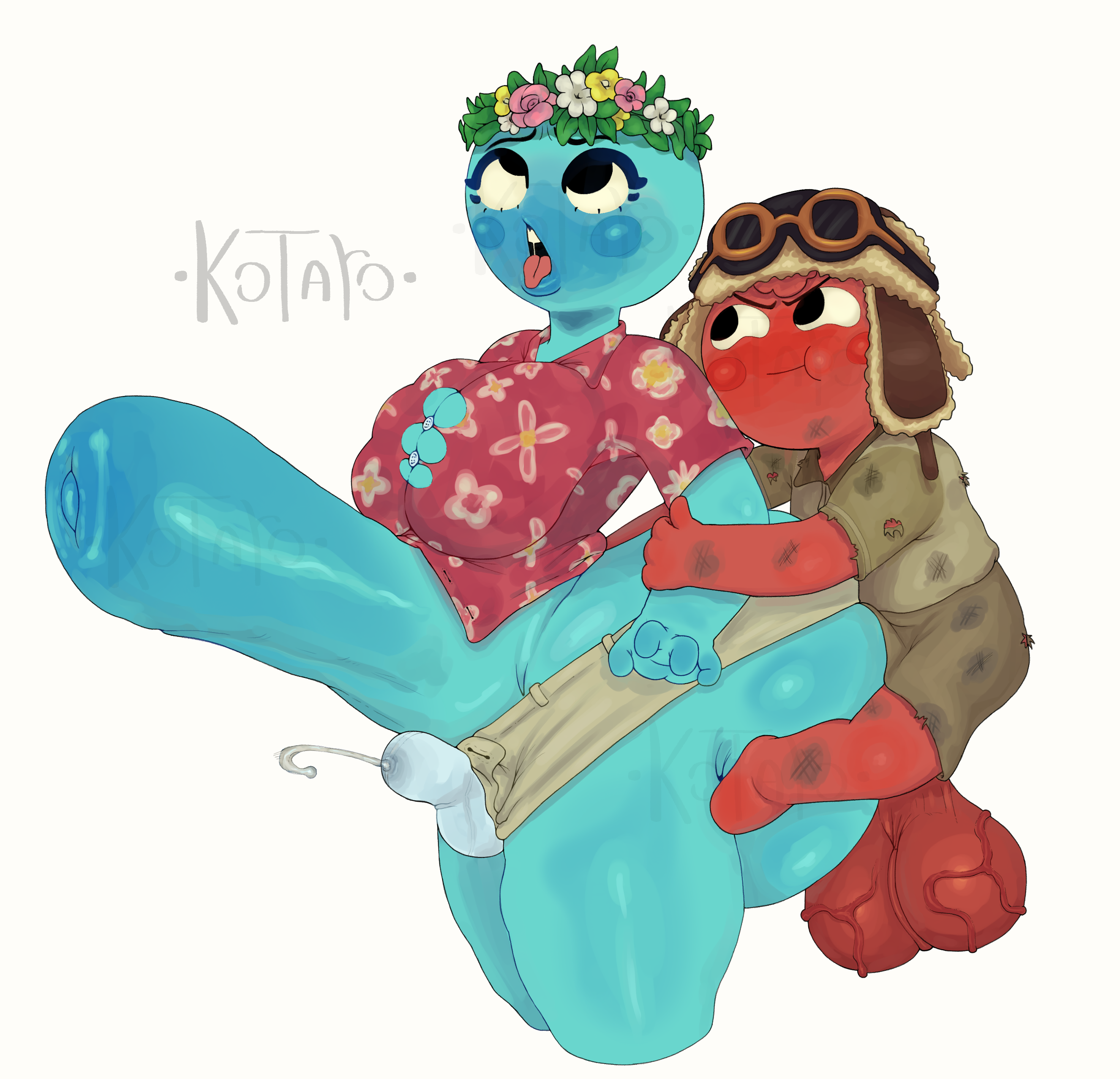 2d, 2futas, 2girls, ahegao, balls, blue body, blush, blushing, breast squeeze, breasts, bulge, clothed, clothedsex, cock, flower in hair, flowers, futa, futa on futa, futanari, hat, kotaro (artist), peak (videogame), red body, sex, skirt, smug, smug face, stomach bulge, through clothes, tongue out, veins, videogame