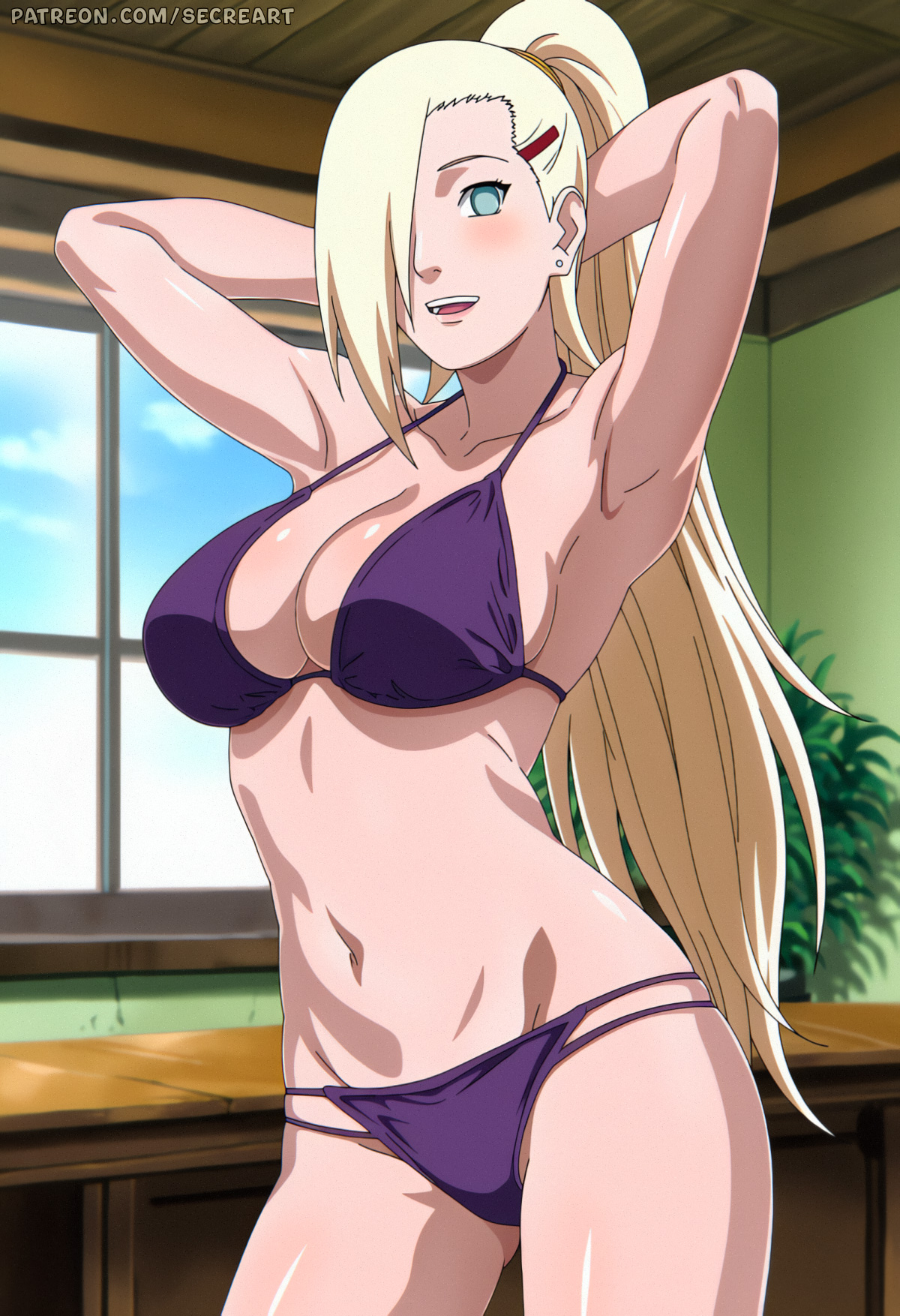 1girls, ai generated, alternate breast size, arms, ass, bare shoulders, bent over, big breasts, bikini, blonde hair, blue eyes, bra, breasts, bursting breasts, chest, cleavage, clouds, day, earring, eyebrows, eyelashes, female, female only, hair band, hair over one eye, hairclip, hands, huge ass, huge breasts, human, ino yamanaka, long hair, looking at viewer, naruto, naruto (series), naruto shippuden, open mouth, ponytail, secreart, shoulders, shounen jump, sky, solo, teeth, thong, tied hair, tongue, toonami, waves, yamanaka ino