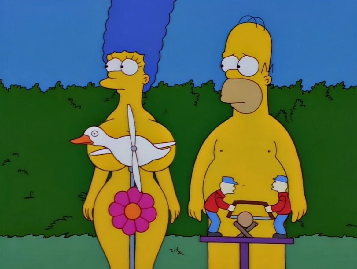 1boy, 1girl, alternate breast size, big breasts, big thighs, breasts, canonical scene, convenient censoring, convenient censorship, edit, edited screencap, embarrassed nude female, homer simpson, marge simpson, married couple, naked, naked female, naked male, natural born kissers, navel, nipples, nude, nude female, outdoor nudity, outdoors, screenshot edit, the simpsons