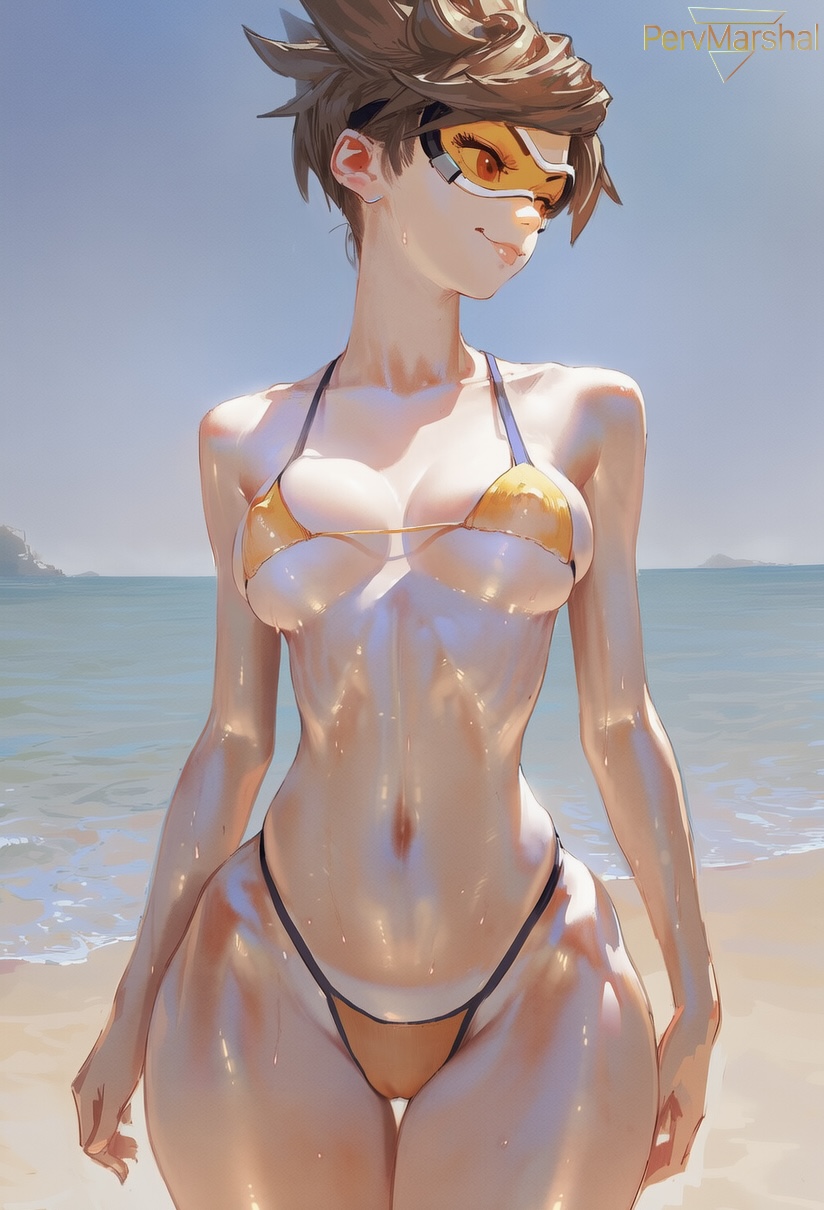 1girls, ai generated, beach, bikini, female, female only, marshalperv, outdoors, overwatch, pervmarshal, shiny skin, short hair, solo female, tracer, wide hips