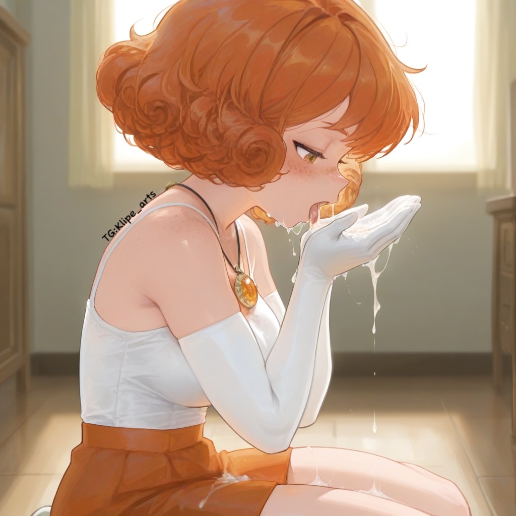 after blowjob, ai generated, bea (brawl stars), blush, brawl stars, cum in hands, cum in mouth, sitting, tongue out, wariza