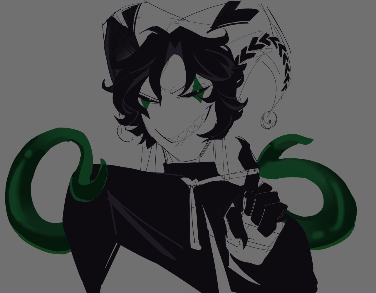 alinowoo, harlequin (the freak circus), monster boy, smirk, smirking, smirking at viewer, solo focus, solo male, the freak circus, undressed, undressing self