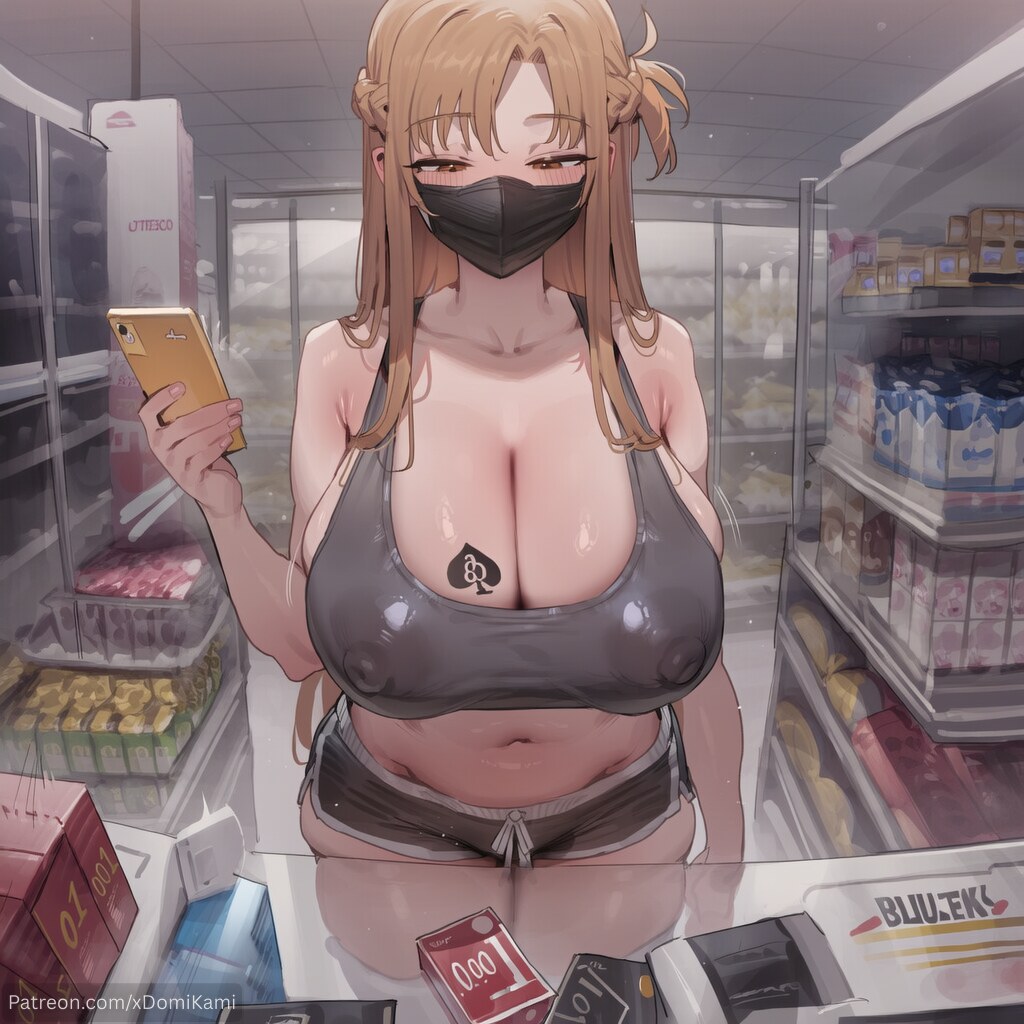 1girl, 2026, 2d, absurd res, absurd resolution, absurdres, ai generated, alternate breast size, asuna (sao), bare shoulders, black shorts, blush, braid, breasts, brown eyes, brown hair, cellphone, cleavage, collarbone, condom box, covered nipples, dolphin shorts, female, female only, french braid, hi res, high quality, high resolution, highres, holding, holding phone, huge breasts, image, indoors, large breasts, long hair, looking at viewer, mask, mouth mask, navel, netorare, ntr, patreon, patreon username, phone, queen of spades, short shorts, shorts, skindentation, smartphone, solo, sports bra, standing, stomach, sword art online, tattoo, thighhighs, thighs, uncensured, watermark, white thighhighs, xdomikami, yuuki asuna