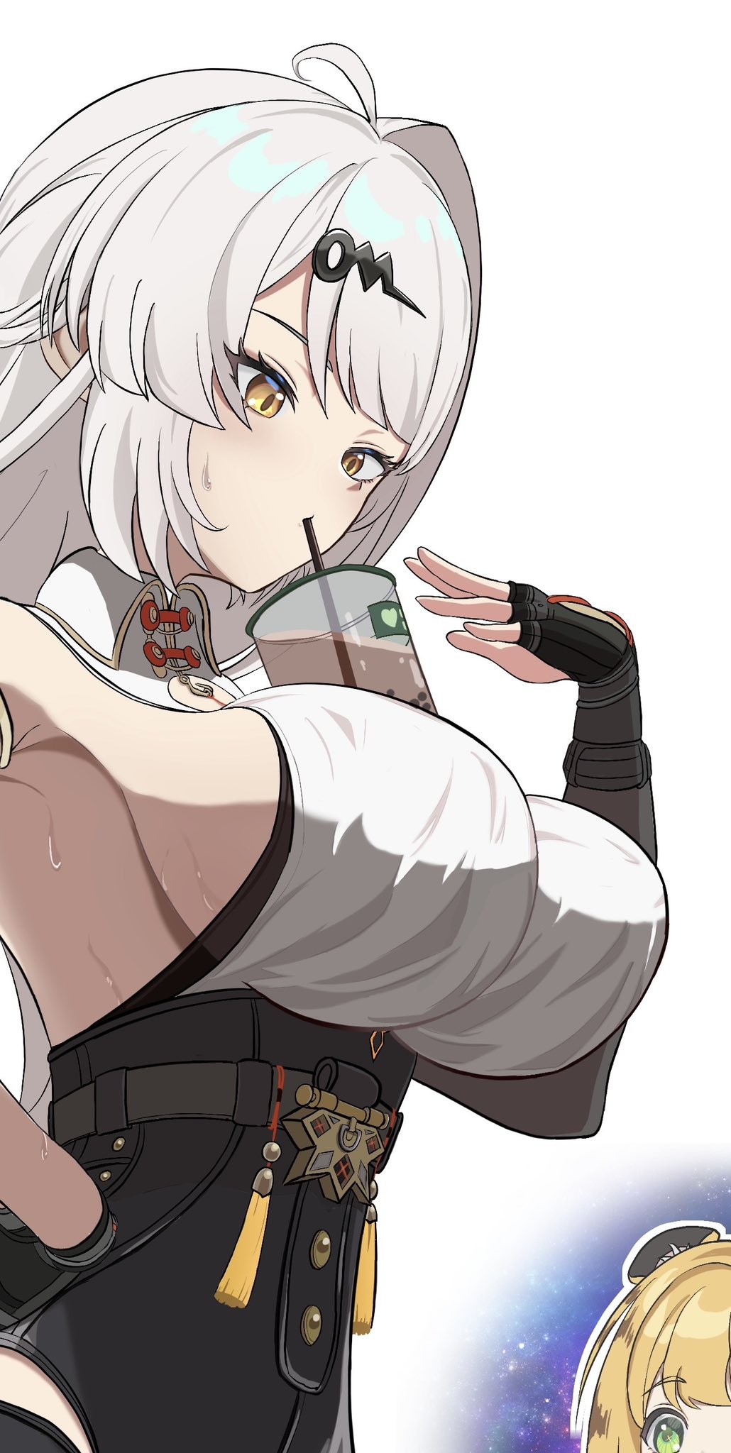 2girls, big breasts, blonde hair, boba tea, boba tea challenge, breasts, bubble tea challenge, female, green eyes, hoyoverse, ju fufu, large breasts, long hair, mihoyo, sideboob, sweat, white hair, yellow eyes, yixuan (zenless zone zero), zenless zone zero
