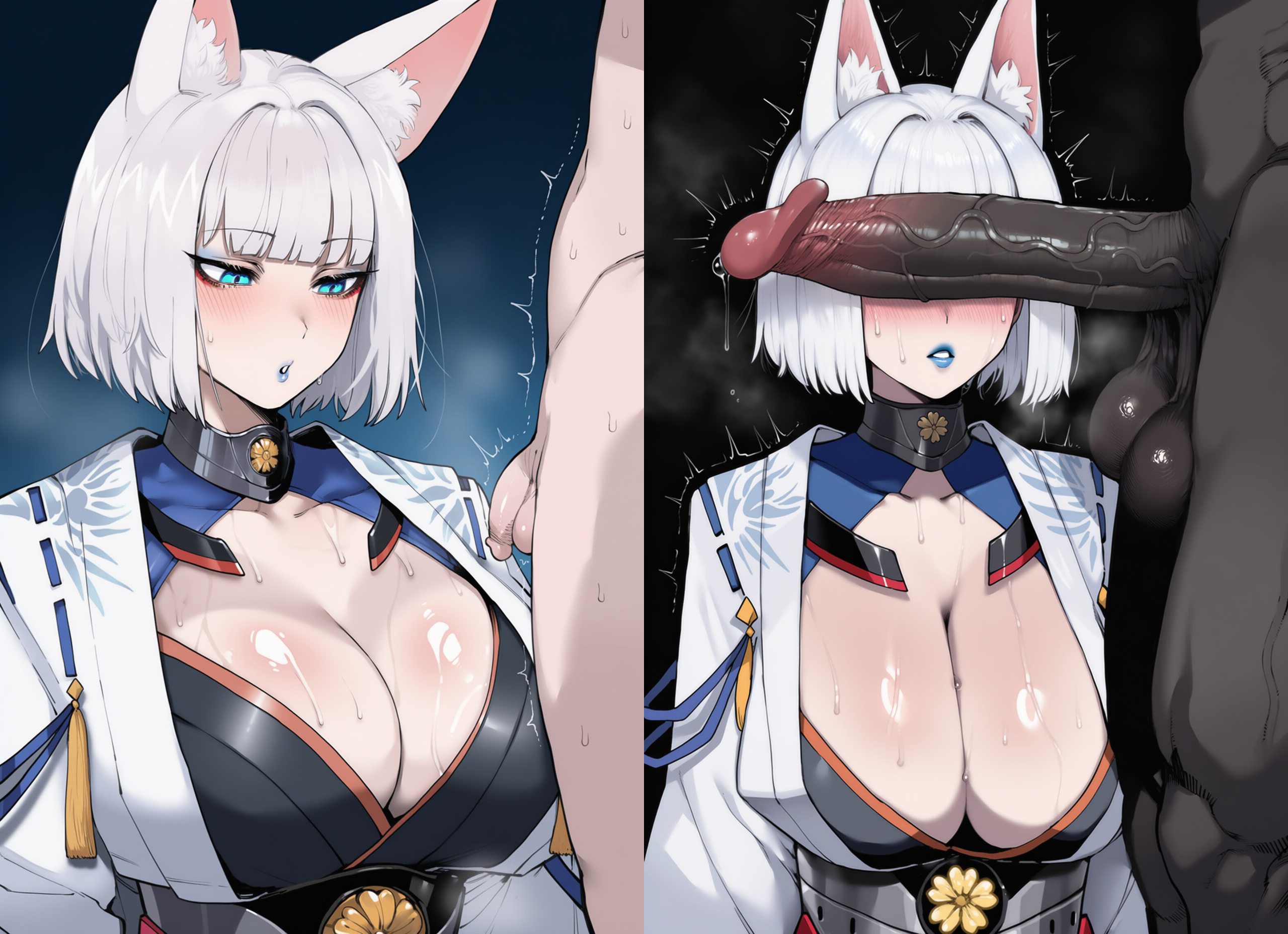 1girls, 2boys, ai generated, azur lane, big breasts, big cock, big dick, big penis, big penis adoration, black penis, blue eyes, blue lipstick, breasts, cant see the haters, cleavage, cock comparison, cock hungry, cock shock, cock worship, collarbone, comparing penis, cuckold, dark penis, dark skin, dark-skinned male, female, fox ears, fox girl, hetero, huge cock, huge penis, humiliation, interracial, interracial sex, japanese clothing, kaga (azur lane), large cock, large dick, large penis, light skin, light-skinned female, light-skinned male, male, male/female, medium hair, pale skin, pale-skinned female, pale-skinned male, penis, penis awe, penis comparison, penis size comparison, penis size difference, qos, queen of spades, raceplay, significant penis size difference, size comparison, size difference, size play, size queen, small penis, small penis humiliation, sph, straight, sweat, sweatdrop, tiny penis, truck kun, voluptuous, white hair
