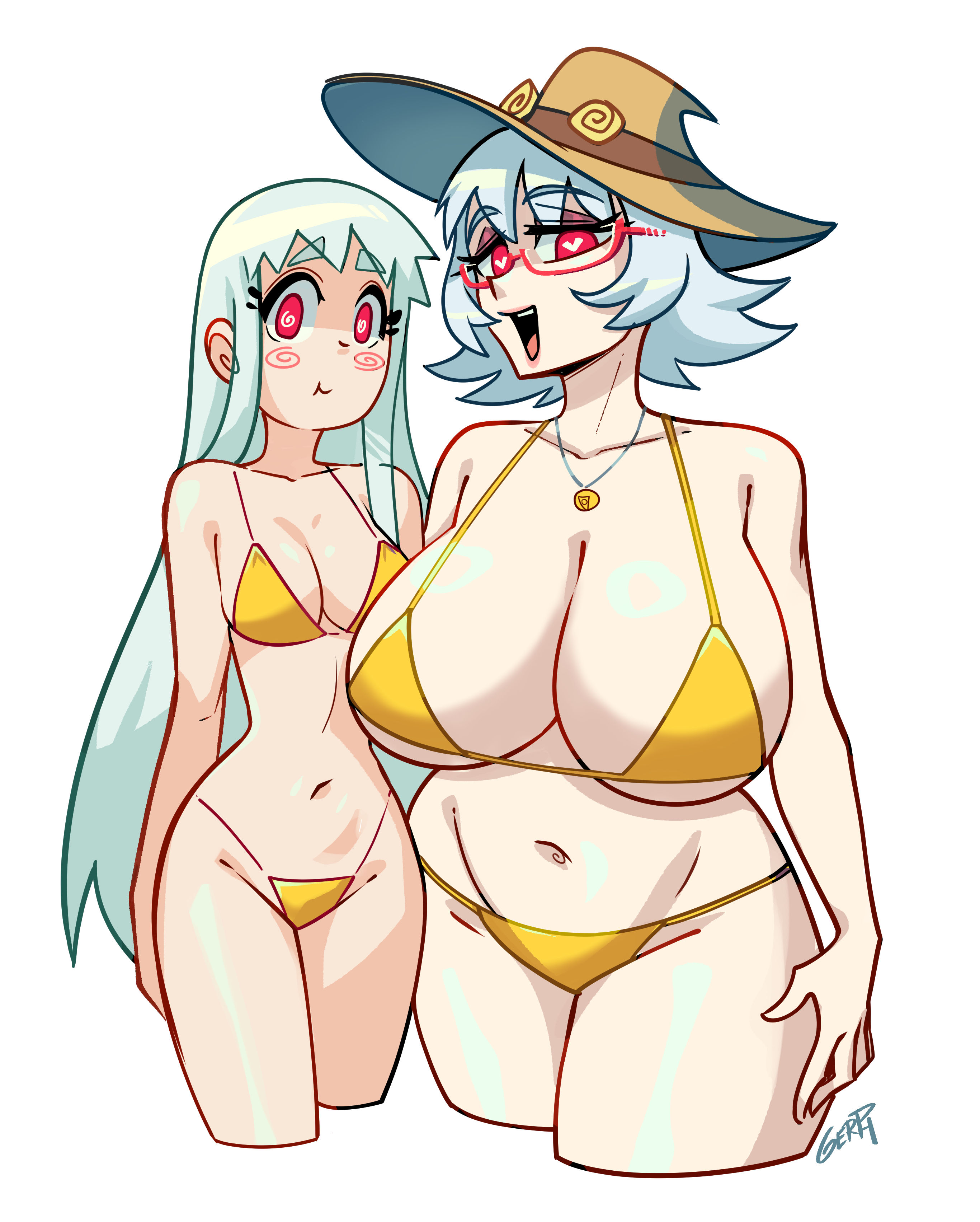 2girls, bikini, breasts, female, female only, gerph, light skin, light-skinned female, mother and daughter, mother daughter boob envy (meme), mrs. wendy (skarpworld), skarp world, witchly (skarpworld)