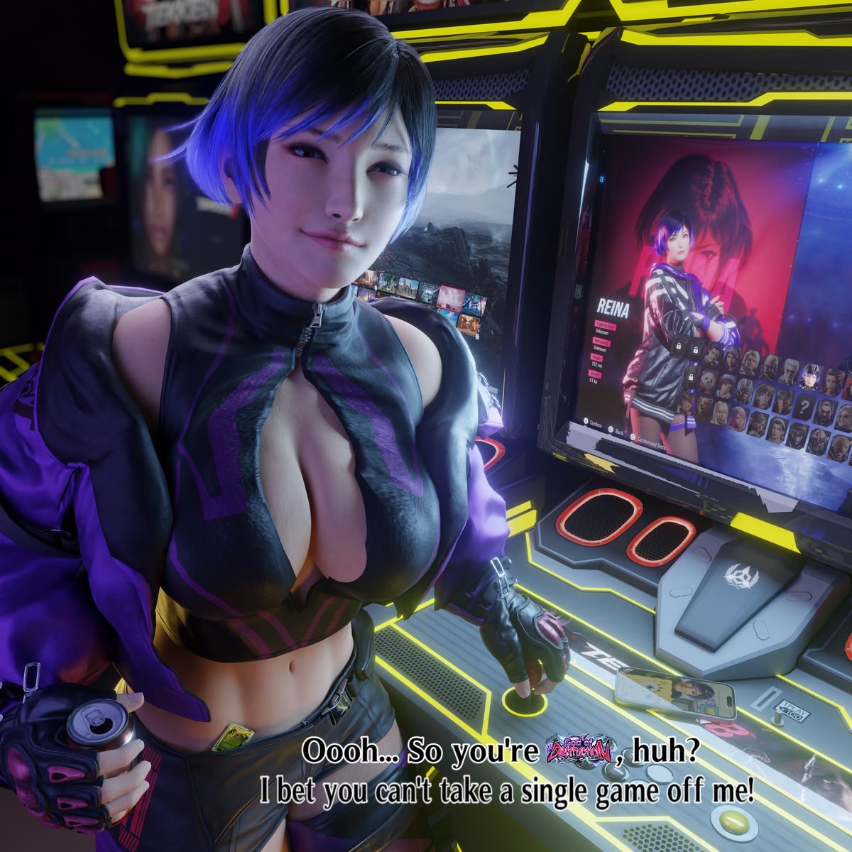 1:1, 1girls, 3d, 3d (artwork), 3d model, 3d render, alisa bosconovitch, alternate costume, anna williams, arcade, arcade machine, armor king, azucena milagros ortiz castillo, big boobs, big breasts, black gloves, black hair, boob window, boobs, breasts, claudio serafino, cleavage, cleavage cutout, clothed, clothed female, condom, condom packet, condom wrapper, devil jin, eddy gordo, emilie de rochefort, english text, female, female only, flirting, flirting look, flirting with viewer, gloves, hd, heihachi mishima, high collar, holding, holding object, holding soda, horny female, iphone, jack-8, jacket, japanese, japanese female, jin kazama, jun kazama, kazama asuka, kazama jin, kazama jun, kazuya mishima, king (tekken), kuma (tekken), large boobs, large breasts, lars alexandersson, lee chaolan, light skin, light-skinned female, ling xiaoyu, looking at viewer, miary zo, midriff, multicolored hair, namco, namco bandai, navel, nina williams, panda (tekken), paul phoenix, phone, purple hair, purple hair female, purple jacket, raven (tekken), reina mishima, shaddoll x, shaheen, short hair, shorts, smug, soda can, solo, spongebob squarepants, spongebob squarepants (character), streaked hair, talking to viewer, tekken, tekken 8, text, third-party source, victor chevalier, video game character, zafina (tekken)
