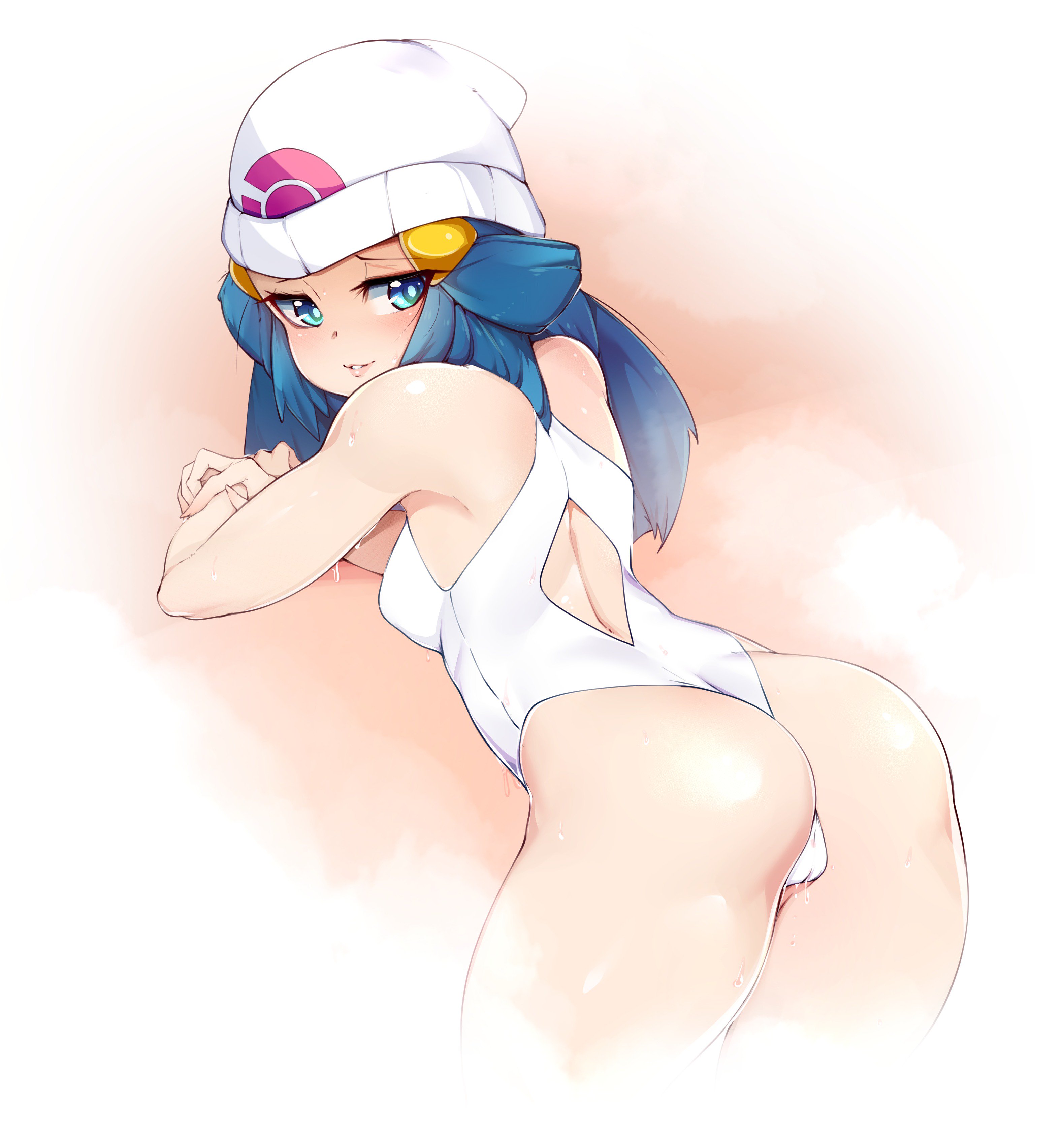 1girls, ass, back, blue eyes, blue hair, breasts, clothed, dawn (pokemon), female, female only, hat, human, looking at viewer, looking back, nintendo, pokemon, pokemon dppt, slugbox, small breasts, solo, swimsuit