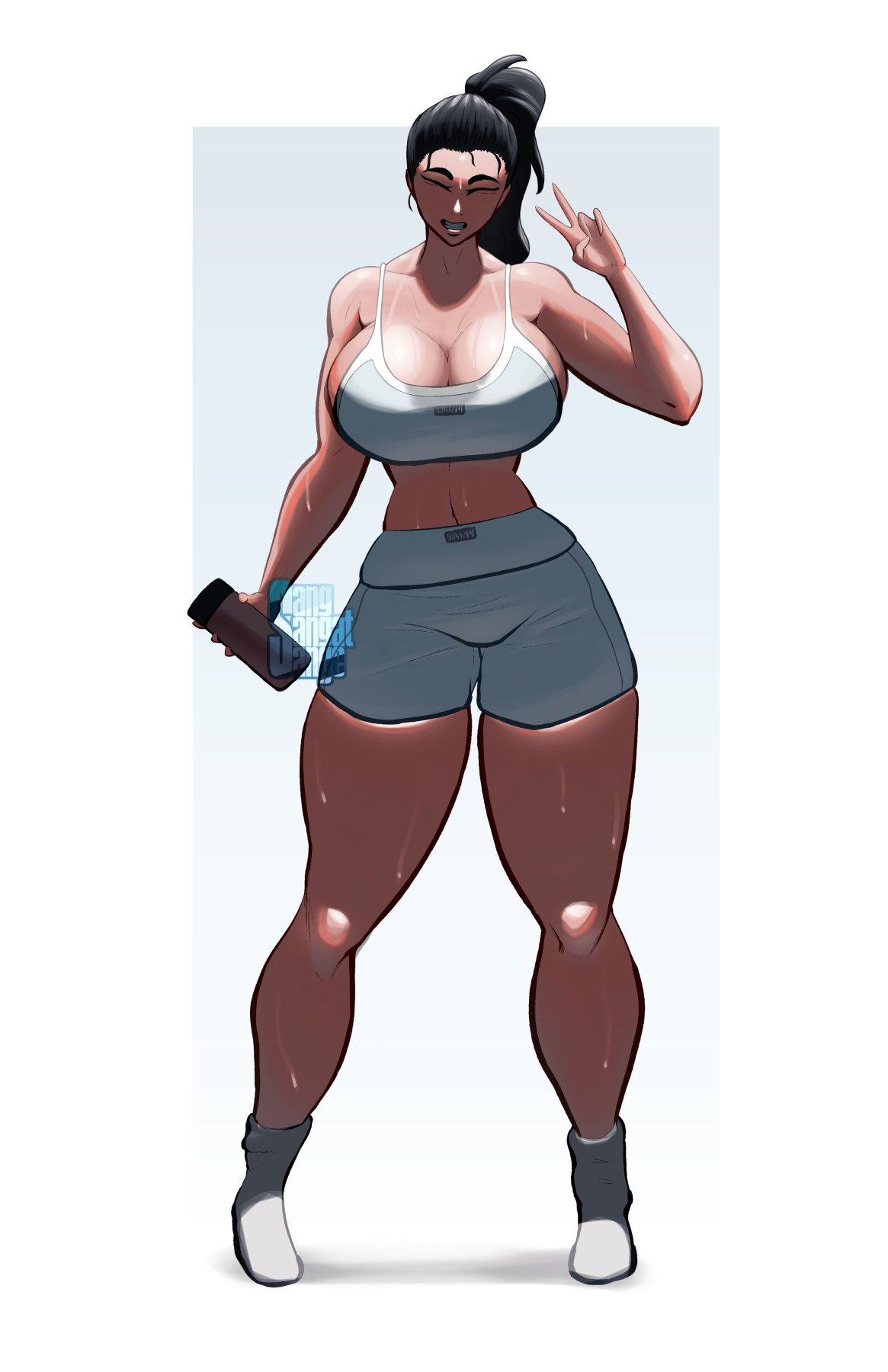 1girl, 1girls, artist logo, asian, asian female, athletic wear, closed eyes, curvy, curvy female, curvy figure, facing viewer, female, gym clothes, huge breasts, large breasts, looking at viewer, original, original character, peace sign, ponytail, sangsangatsange, small waist, smile, smiling, socks, sole female, solo, solo female, sports bra, sports shorts, sportswear, sweat, sweatdrop, sweating, sweaty, sweaty body, tagme, thick, thick thighs, twitter link, voluptuous, voluptuous female