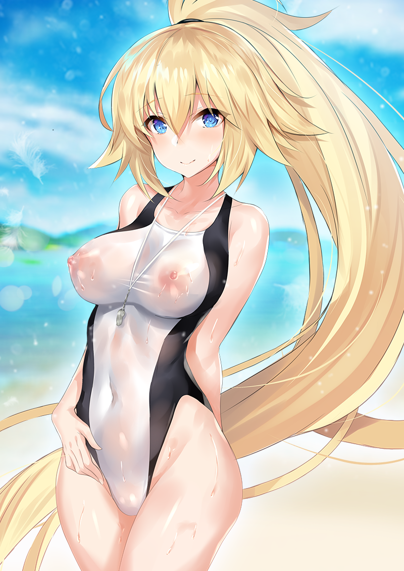 areolae bikini blonde_hair blue_eyes breasts ero_waifu fate/grand_order fate_(series) female female_only jeanne_d'arc_(fate)_(all) long_hair looking_at_viewer nipples one_eye_closed see-through solo swimsuit wet