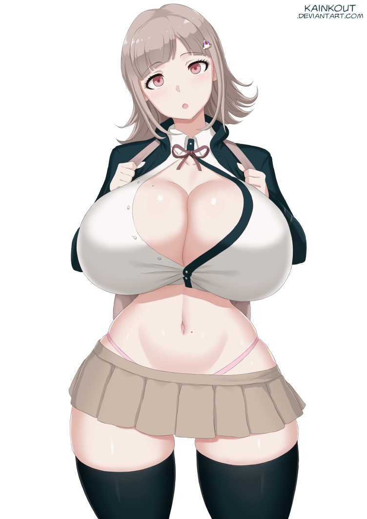 breasts bursting_breasts cleavage danganronpa danganronpa_2:_goodbye_despair female female_only huge_breasts kainkout looking_at_viewer midriff mole mole_on_breast nanami_chiaki solo straight_hair thighhighs