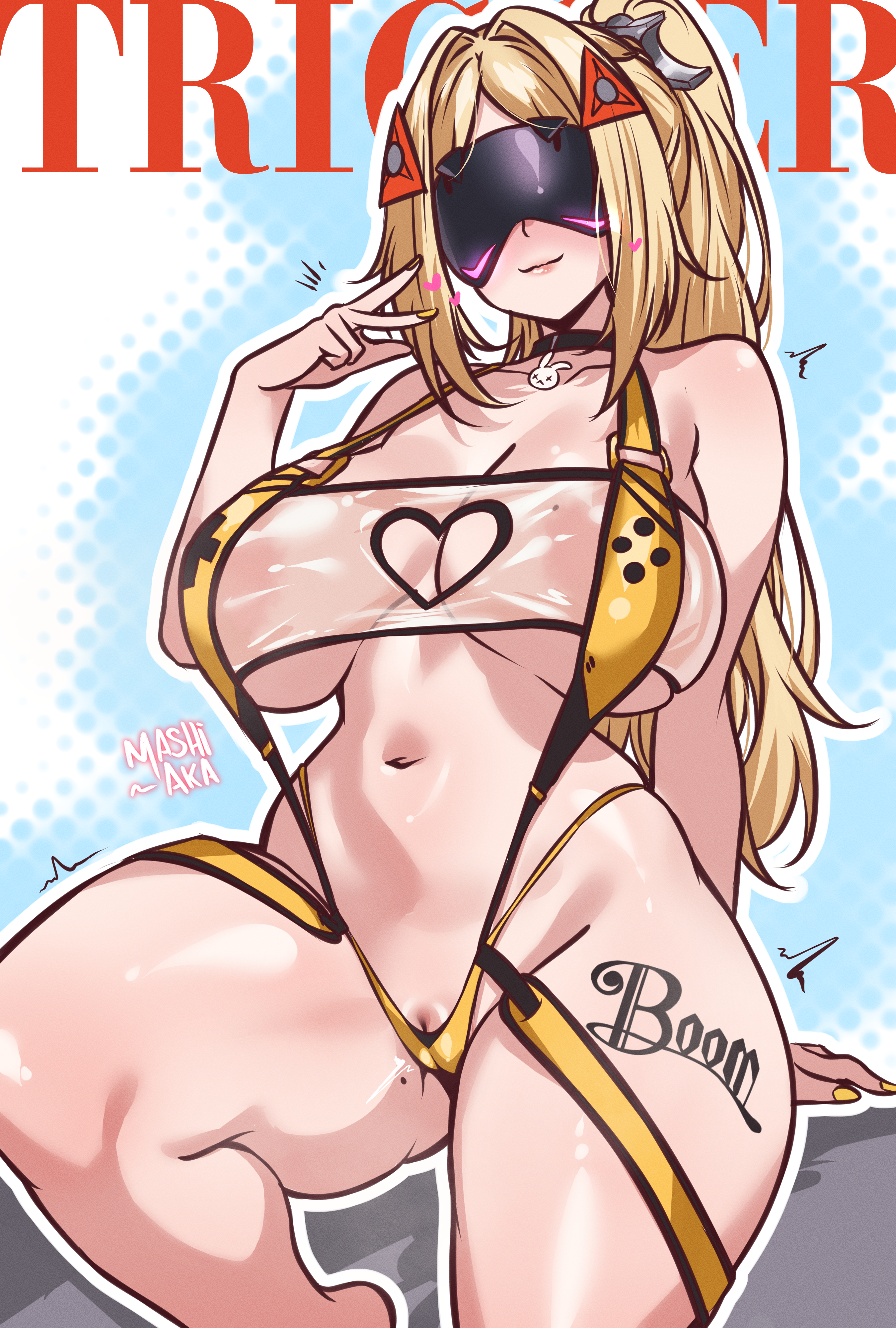 1girl, absurdres, blindfold mask, blonde hair, breasts, character name, clothing cutout, colored nails, cosplay, curvy, elegg (boom and shock) (nikke), elegg (nikke), elegg (nikke) (cosplay), female, female only, game controller print, goddess of victory: nikke, heart cutout, highres, huge breasts, leg tattoo, light smile, long hair, mashiaka, mask, mole, mole on thigh, navel, painted nails, pussy, pussy peek, rabbit choker, rabbit ornament, see-through clothes, see-through slingshot swimsuit, slingshot swimsuit, solo, swimsuit, tattoo, thick thighs, thighs, trigger (zenless zone zero), wide hips, yellow nails, yellow slingshot swimsuit, zenless zone zero