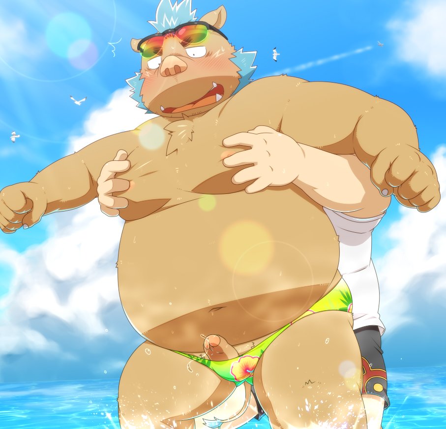 2018 anthro belly blush boar brown_fur bulge clothing duo eyewear fur gouryou humanoid_hands male male_only mammal mohawk moobs navel nipples overweight overweight_male penis penta002 porcine speedo sunglasses swimsuit tokyo_afterschool_summoners tusks water