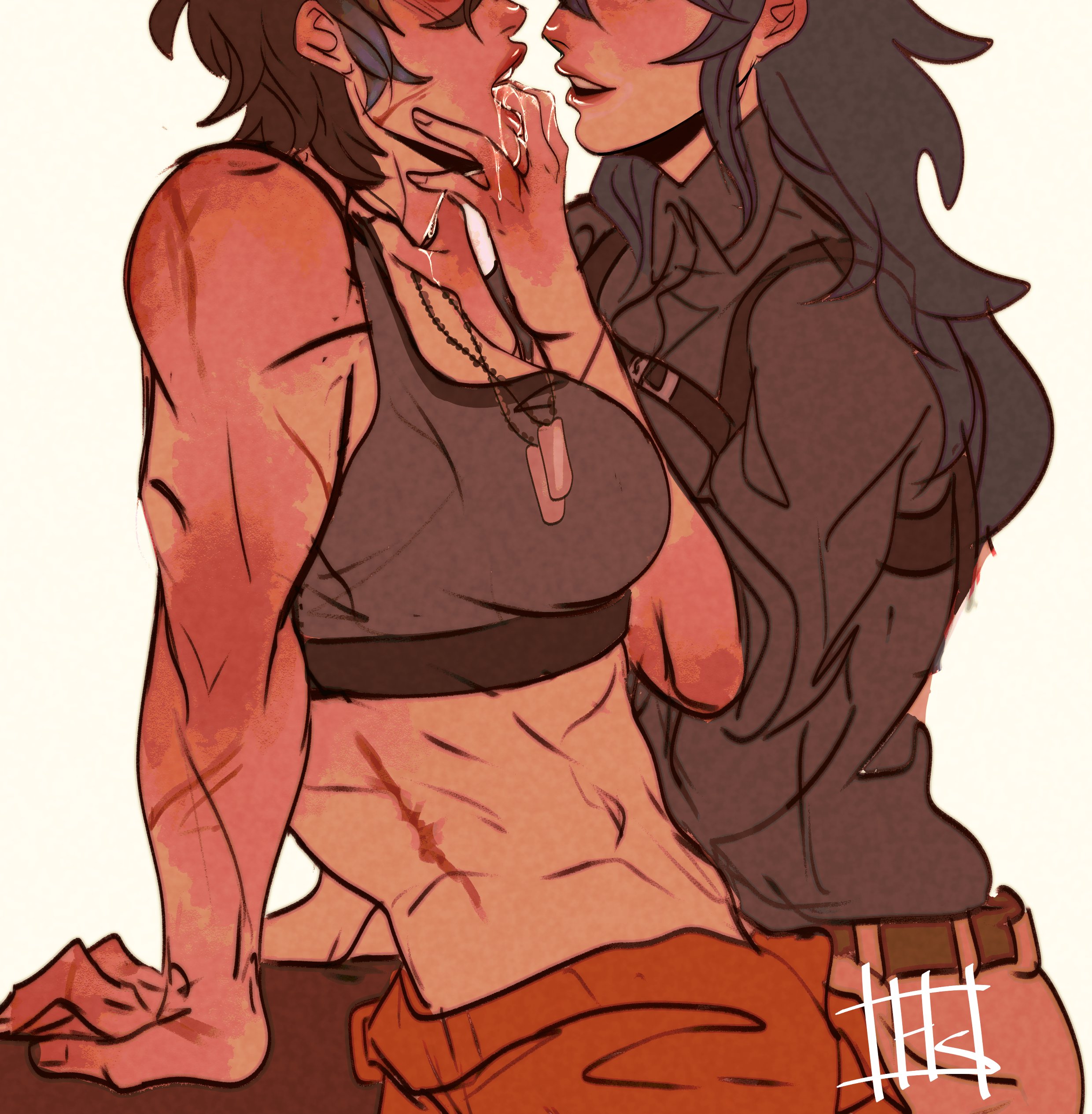 abs, athletic, athletic female, blush, blushing, boobs, bra, breasts, butch, chief (path to nowhere), cinnabar (path to nowhere), clothed, clothes, clothing, female, female chief (path to nowhere), female focus, female only, fingers, fingers in mouth, homuspicy, muscular, muscular biceps, muscular female, no shirt, path to nowhere, shirtless, shirtless female, short hair, slick, sports bra, tits, yuri