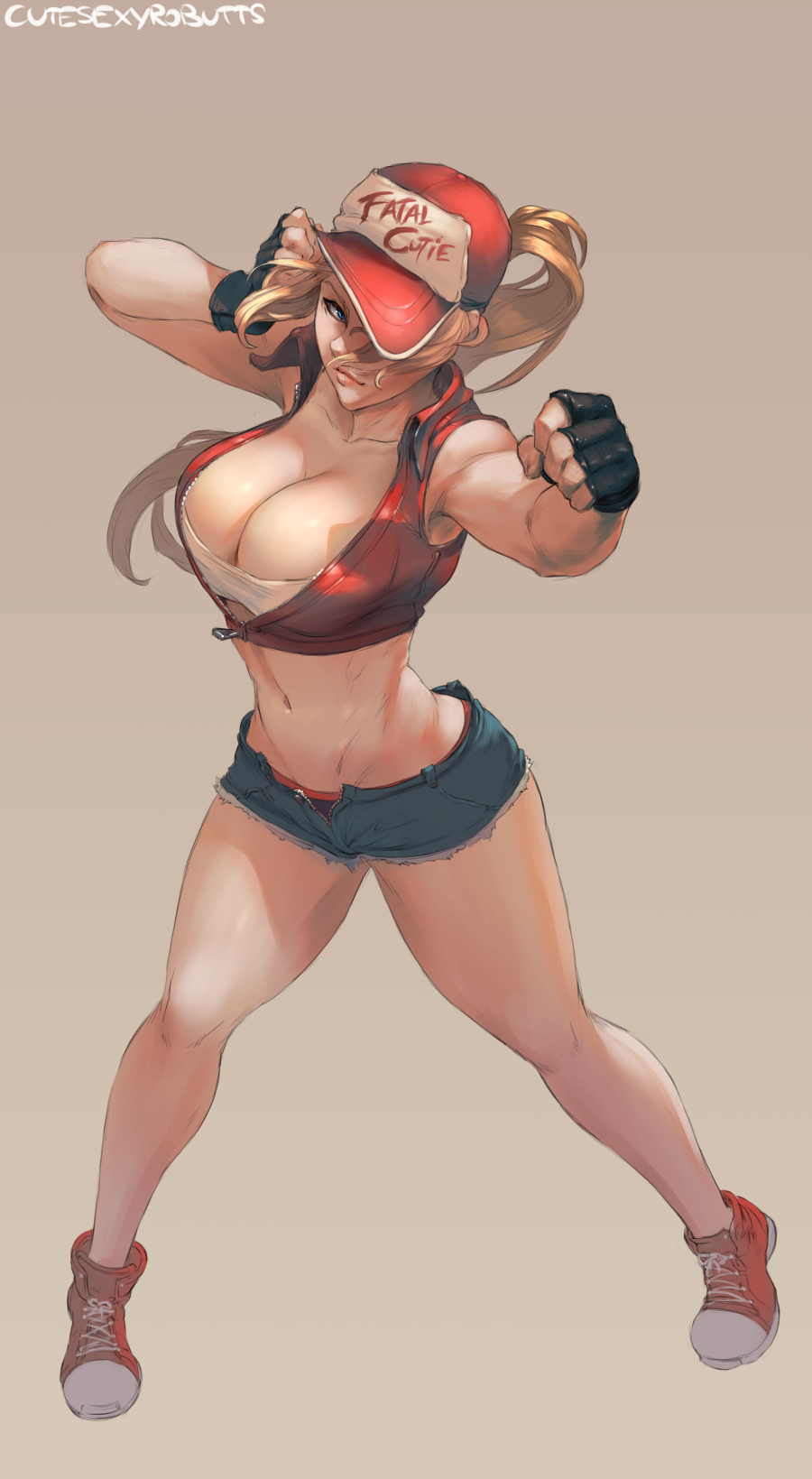 1girls 2018 artist_signature big_breasts breasts canon_genderswap cleavage cutesexyrobutts fatal_fury female female_only female_terry fully_clothed genderswap_(mtf) horny hourglass_figure king_of_fighters large_breasts looking_at_viewer rule_63 snk snk_heroines:_tag_team_frenzy solo terry_bogard voluptuous