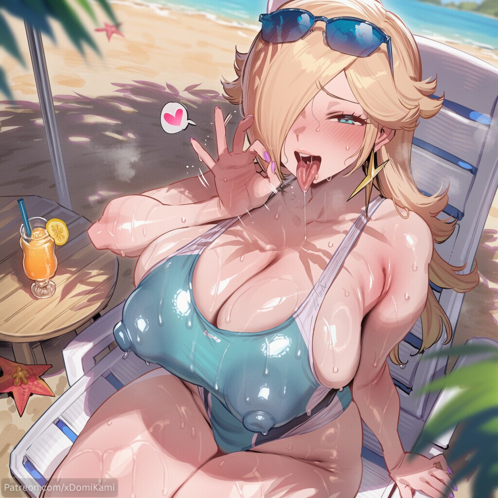 1girl, 2026, 2d, absurd res, absurd resolution, absurdres, ai generated, alternate breast size, artist name, bare shoulders, beach, beach chair, blonde hair, blue eyes, blurry, blush, breasts, chair, cleavage, collarbone, competition swimsuit, covered navel, covered nipples, cup, day, drink, drinking glass, drinking straw, earrings, eyewear on head, fellatio gesture, fruit, hair over one eye, handjob gesture, heart, hi res, high quality, high resolution, highleg, highleg swimsuit, highres, huge breasts, image, jewelry, large breasts, lemon slice, long hair, looking at viewer, lounge chair, mario (series), nail polish, naughty face, nintendo, ocean, one-piece swimsuit, open mouth, outdoors, patreon, patreon username, princess rosalina, purple nails, rosalina, saliva, sand, sitting, smile, solo, spoken heart, star (symbol), star earrings, starfish, sunglasses, super mario galaxy, super smash bros., sweat, swimsuit, thick thighs, thighs, tongue, tongue out, uncensured, water, watermark, web address, wet, xdomikami