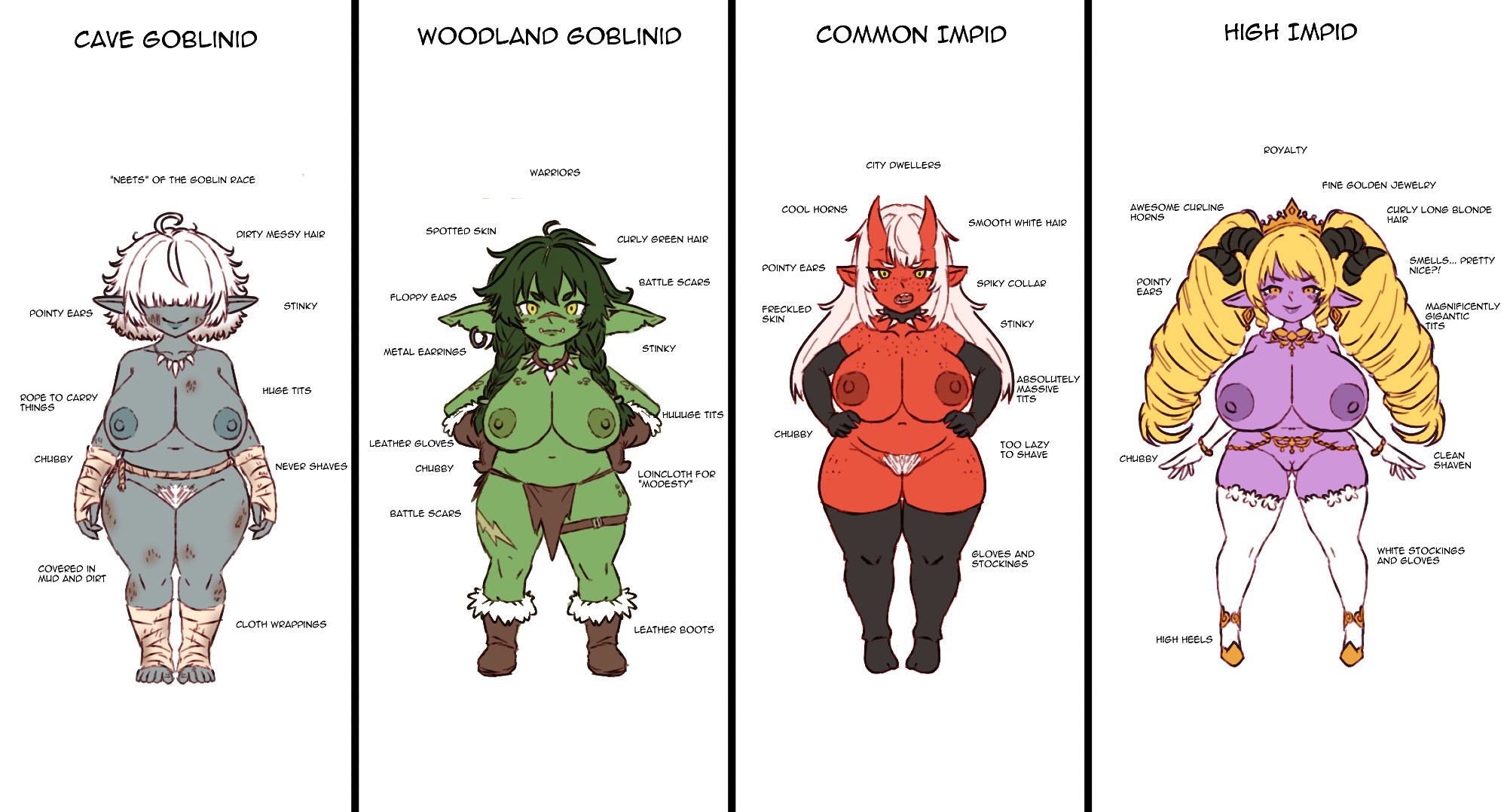 4girls, bobcheez, chubbt, female, female only, goblin, goblin female, loincloth, naked footwear, pubic hair, shortstack, tagme