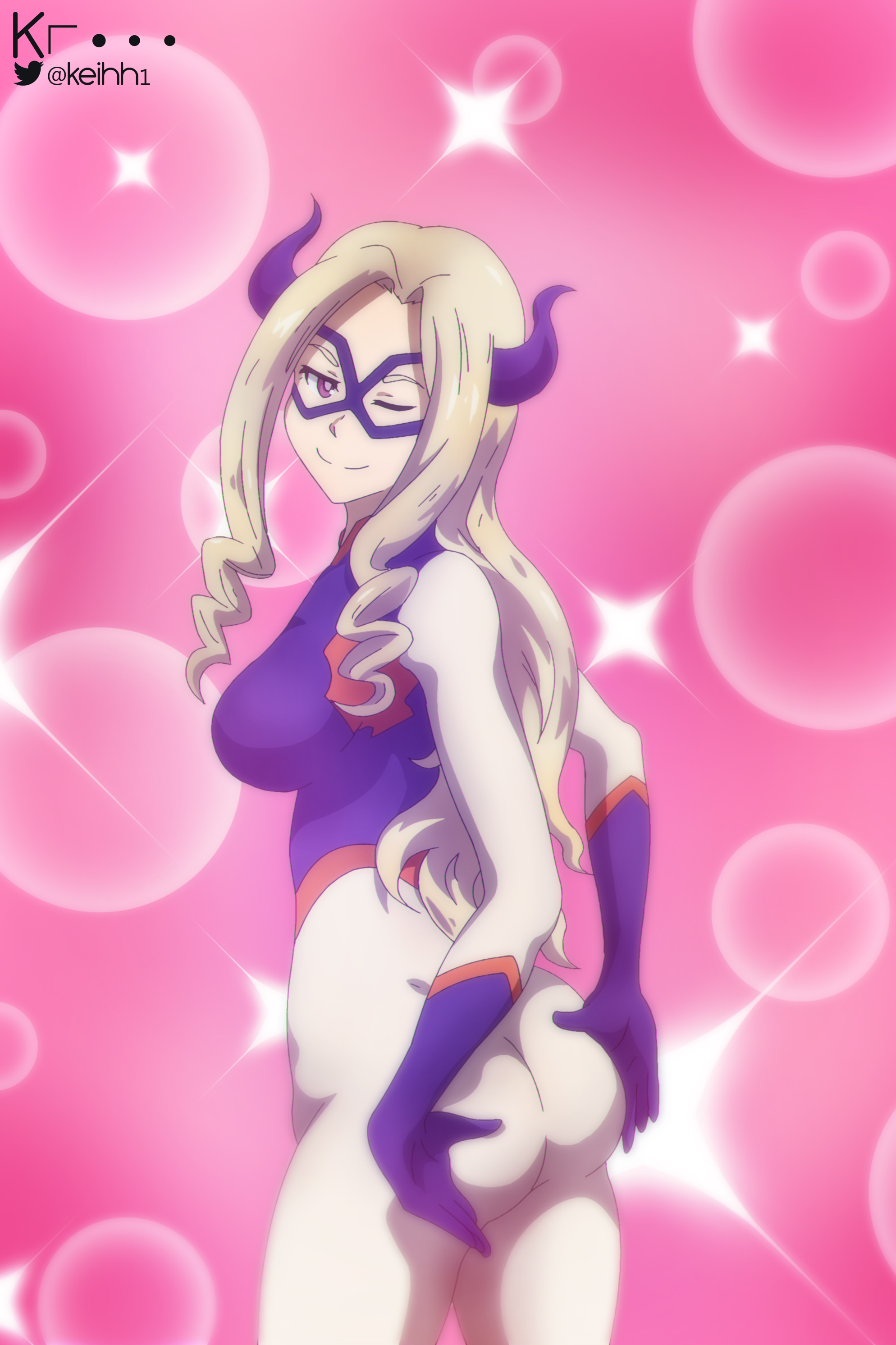1girls, artist logo, ass, ass grab, big breasts, blonde hair, blonde-haired female, bodysuit, breasts, elbow gloves, female, female only, grabbing own ass, horns, keihh, mask, mount lady, my hero academia, smile, text, twitter username, very long hair, wink, yuu takeyama