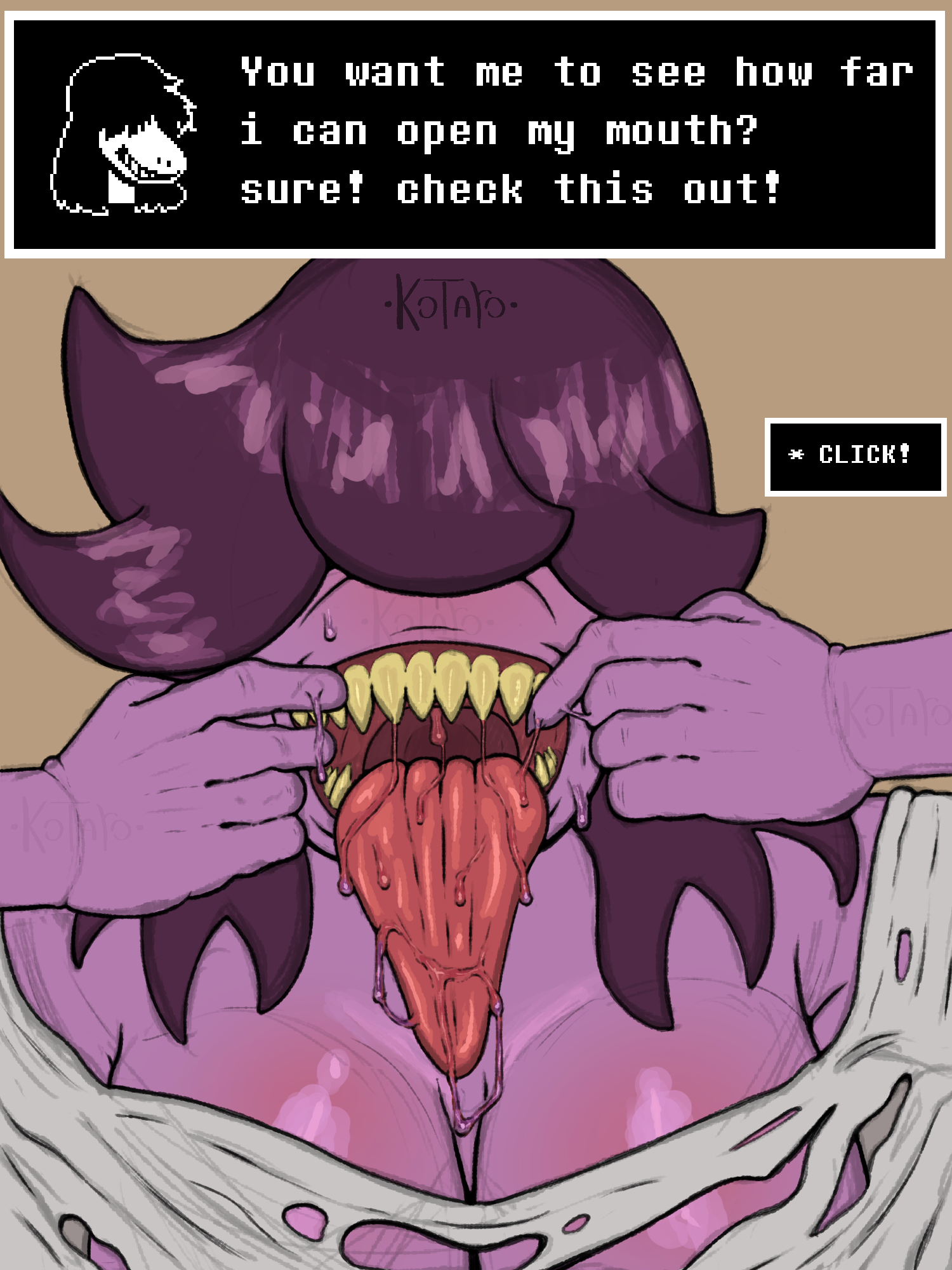 2025, 2d, anthro, blindfold, blindfolded, creepshot, deltarune, dialogue, dialogue box, dinosaur, female, female only, furry, kotaro (artist), kris (deltarune), mawshot, mouth fetish, oblivious, open mouth, ripped clothing, saliva, sharp teeth, spread mouth, susie (deltarune), sweat, taking picture, unaware, wet