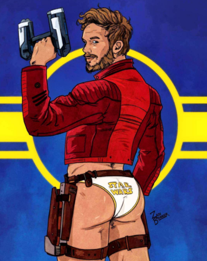 1boy 5_fingers arm_up ass beard belt blaster blue_background blue_eyes brown_hair bubble_butt butt butt_crack chris_pratt clothing color facial_hair firearm gay gluteal_fold guardians_of_the_galaxy gun half-dressed holster human human_only jacket leather_jacket light_skin looking_at_viewer looking_back looking_over_shoulder male male_only marvel muscular muscular_male muscular_thighs partially_clothed peter_quill red_jacket revealing_clothes shiny_ass shiny_skin solo standing star_wars starlord superhero thick_thighs thigh_strap traditional_media_(artwork) underwear utility_belt watermark weapon white_underwear zach_brunner