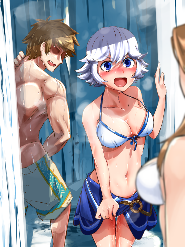 1boy 2girls after_sex back bikini blue_eyes blurry blush breasts brown_hair caught cleavage depth_of_field farrah_(granblue_fantasy) flipped_hair gran_(granblue_fantasy) granblue_fantasy heavy_breathing katalina_aryze kekeshi_takashi long_hair male_swimwear medium_breasts multiple_girls navel nose_blush open_mouth pussy_juice sarong short_hair silver_hair sweat swim_trunks swimsuit swimwear