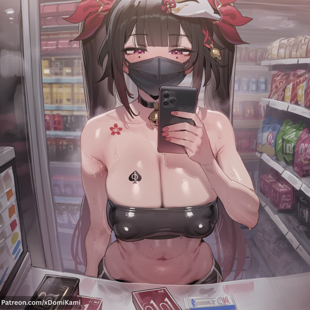 1boy, 1girl, 2026, 2d, absurd res, absurd resolution, absurdres, ai generated, bare shoulders, bell, black choker, black mask, breasts, brown hair, cellphone, choker, cleavage, condom box, covered nipples, fox mask, hair ornament, hair ribbon, hi res, high quality, high resolution, highres, holding, holding phone, honkai: star rail, hoyoverse, image, indoors, jingle bell, large breasts, long hair, looking at viewer, mask, mask on head, mihoyo, mihoyo technology (shanghai) co. ltd., mole, mole under eye, mouth mask, multiple moles, navel, neck bell, netorare, ntr, patreon, patreon username, phone, pink eyes, queen of spades, ribbon, selfie, smartphone, solo, sparkle (honkai: star rail), stomach, strapless, sweat, tattoo, tube top, twintails, uncensured, very long hair, watermark, xdomikami