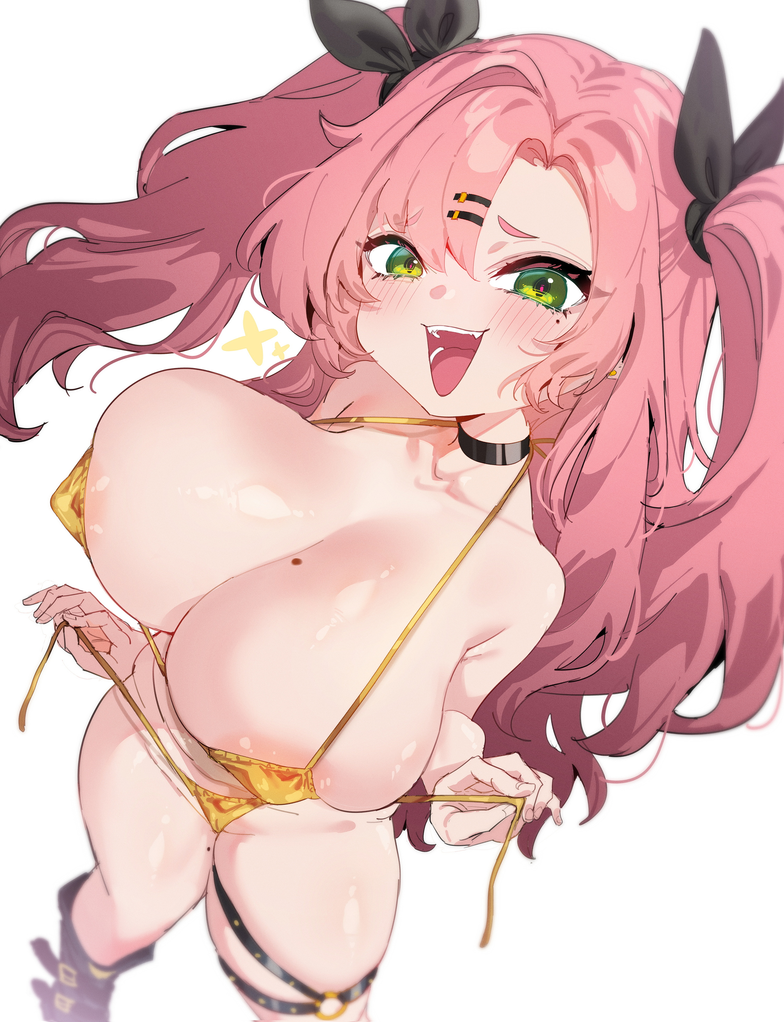 1girls, areola slip, areolae, big breasts, bikini, bikini bottom, bikini top, blush, bottomwear, breasts, cleavage, female, female only, golden bikini, golden week, green eyes, hair, hair ornament, hair ribbon, hairclip, hips, huge breasts, large breasts, long hair, mole, mole on breast, mole on thigh, mole under eye, nicole demara, pink hair, rayno, ribbon, smile, solo, solo female, swimwear, thigh strap, thighs, topwear, twintails, white background, yellow bikini, zenless zone zero