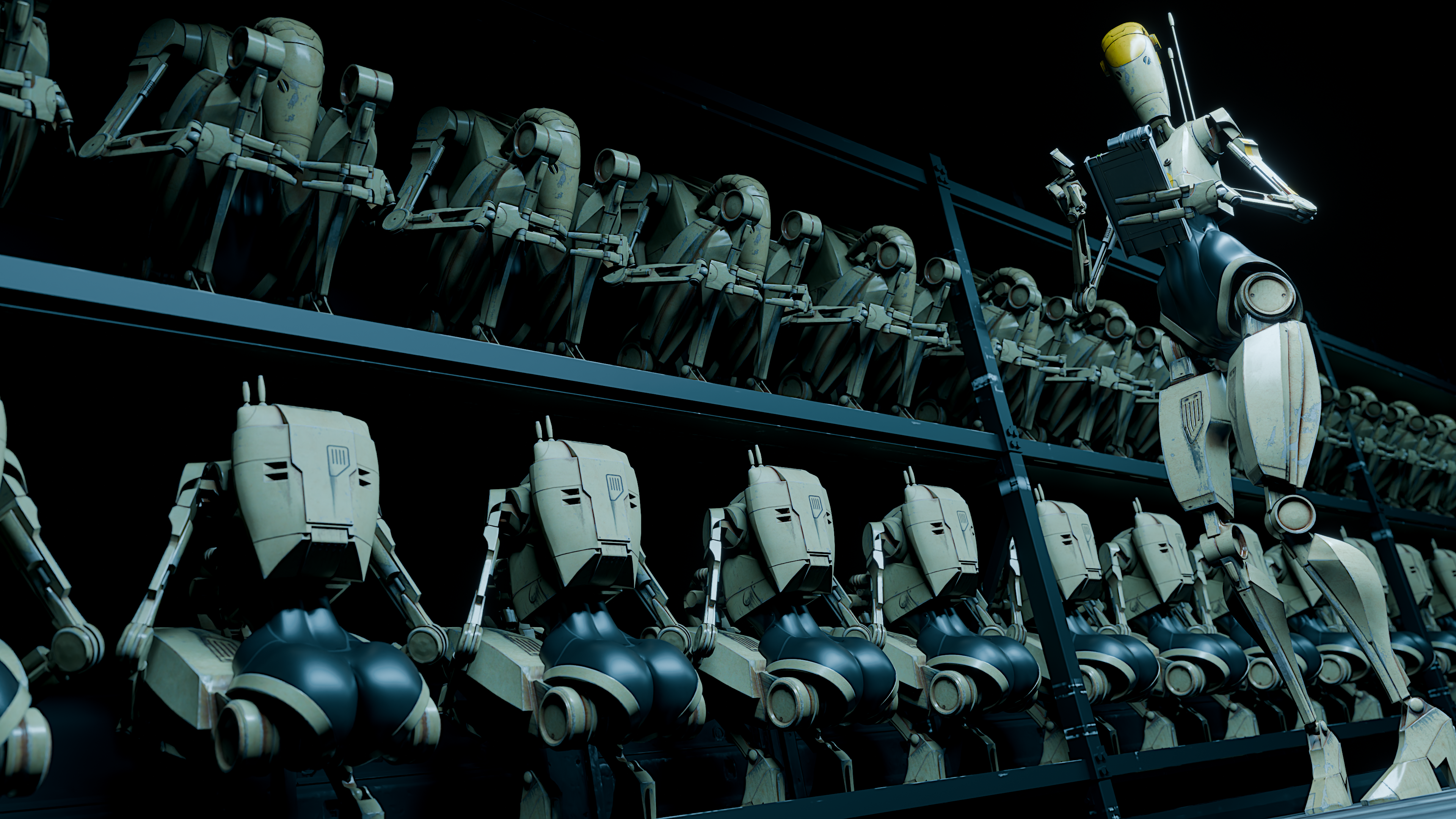 16:9, 3 fingers, 3d, 3d (artwork), 4k, 6+girls, absurd res, antenna wire, ass, b1 battle droid, backpack, barely visible genitalia, battle droid, black background, blender (artwork), butt, crouching, digital media (artwork), droid (star wars), female, fingers, genitals, group, hi res, holding object, inside, juanratman, machine, robot, shelf, simple background, standing, star wars, widescreen