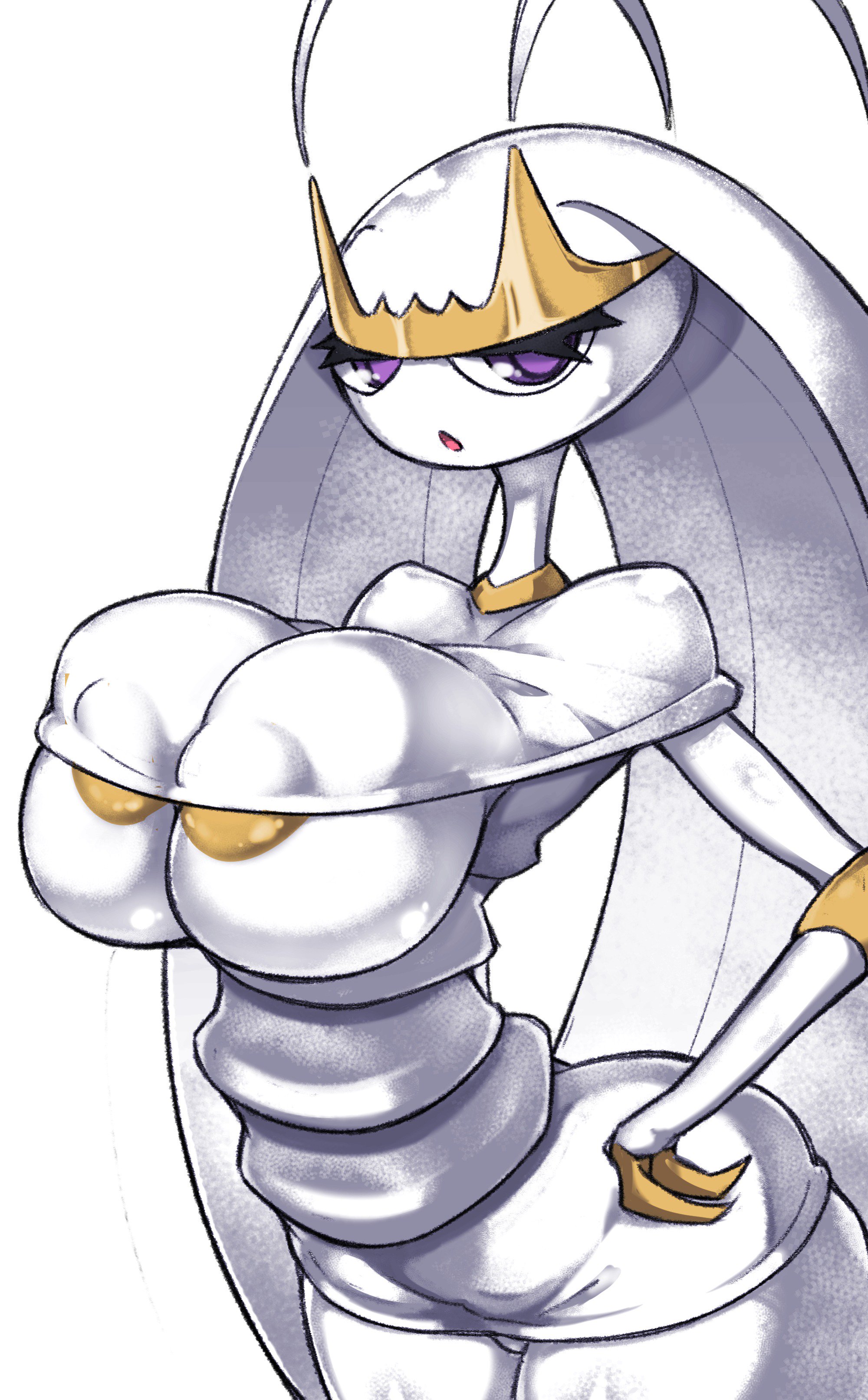 1girls, alien, antennae, anthro, anthrofied, areolae, big breasts, big eyes, bottomless, breasts, bursting breasts, busty, clothed, dress, eyelashes, female, female only, fukurou (owl222), half-closed eyes, hands on hips, huge breasts, insect, insectoid, large breasts, long neck, nintendo, nude, open mouth, pheromosa, pokemon, pokemon (species), pokemon sm, purple eyes, sketch, solo, thick thighs, thin waist, tongue, underboob, white background, white skin, wide hips, yellow nipples