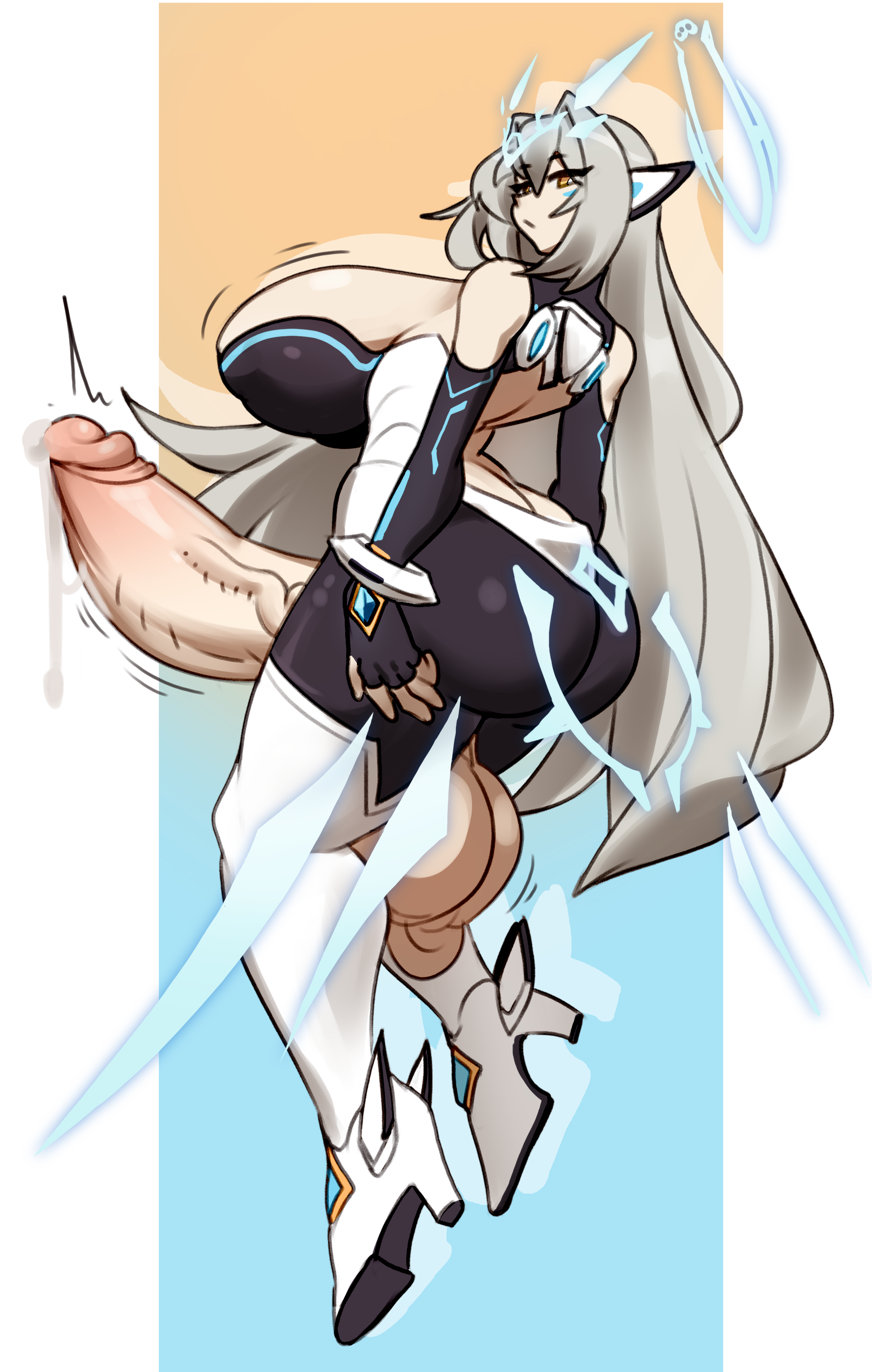 1futa, big ass, big balls, big breasts, big penis, big thighs, bodysuit, clothing, elsword, erection, eve (elsword), futa only, futanari, silver hair, skin tight, solo, solo futa, sunk118, yellow eyes