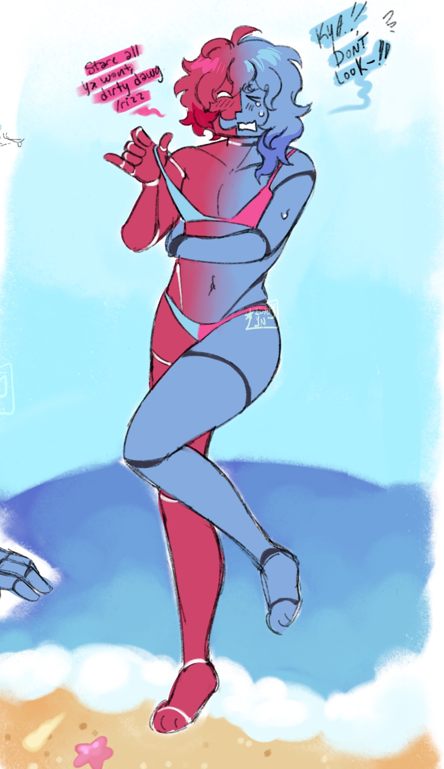 artful (die of death), beach background, belly button, bikini, blue body, dialogue, die of death (roblox), english text, feet, idiosyncratic, male, male only, outdoors, red body, roblox, roblox game, robloxian, self upload, short hair, split personality, standing, stomach, suggestive, swapful (die of death), tagme, text, thighs, transmasc, two-tone body